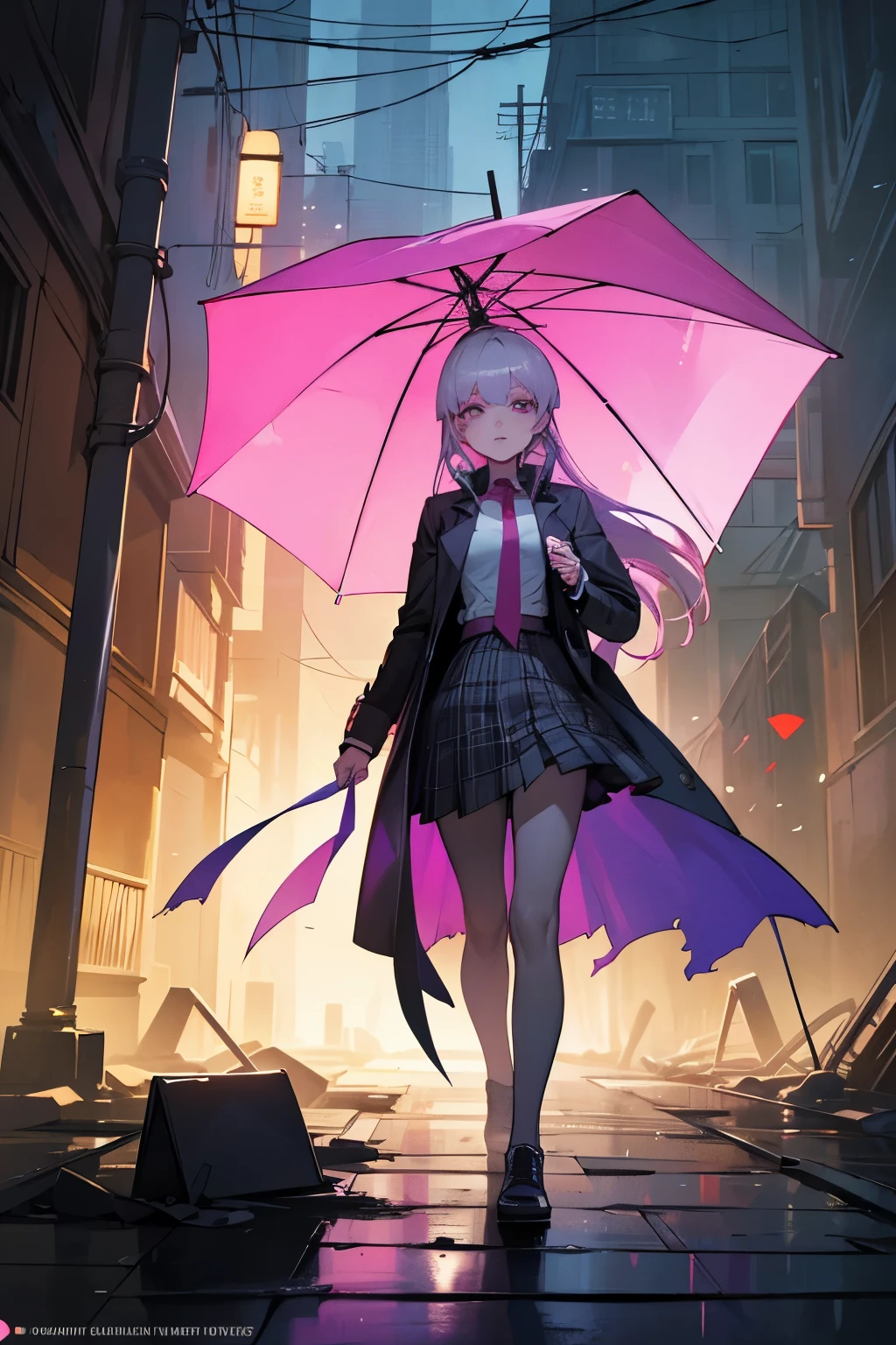 An investigator girl wearing a pink trenchcoat, white collared shirt, and a purple plaid skirt stands as the main subject. Her appearance resembles Angie Yonaga from the Danganronpa series. The girl has beautiful detailed eyes, beautiful detailed lips, and an extremely detailed face. Her eyes are emphasized with long eyelashes, conveying a sense of mystery and intelligence.

The artwork should be created with a medium that resembles an illustration or a concept art, providing a visually striking and artistic feel. The use of vivid colors is crucial to enhance the overall impact of the image. The lighting should be atmospheric, with a combination of natural and artificial sources, casting shadows and creating depth within the scene.


Additional details include the presence of clues scattered throughout the scene, such as a torn piece of paper with a mysterious symbol, footprints leading towards a hidden alley, and a flickering neon sign reflecting on a rain-soaked pavement.

The artwork should have the best quality, be ultra-detailed, and realistic. It should capture the essence of Angie Yonaga's character while adding a touch of originality and creativity. The color palette should consist of vibrant hues, showcasing a range of shades from pinks and purples to contrasting cool tones.