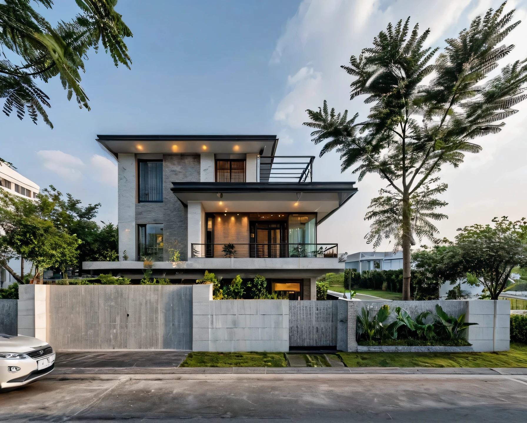 Masterpiece, high quality, best quality, authentic, super detail, outdoors, onestoreyvillaXL, aiaigroup, house style modern on the street ,stairs, white wall ,road,pavement, grass, trees, sky, cloud, (daylight:1.1), gate fence, balcony, glass ralling, car on road, white wall, stone wall