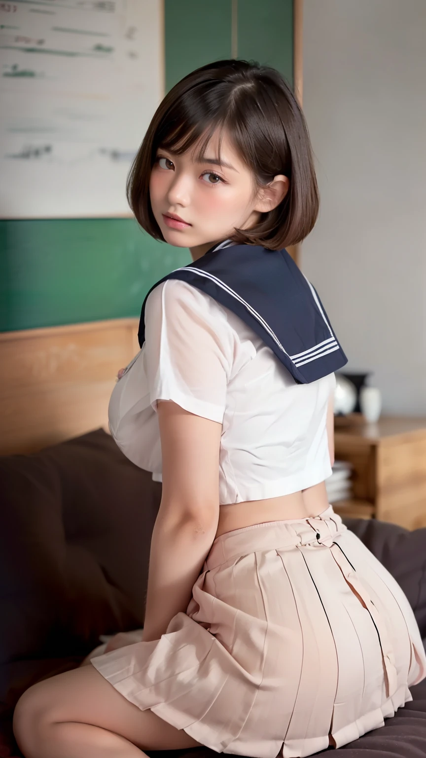 ((NSFW)),((Solo Photo:1.8)),(highest quality:1.3),(RAW Photos,Realistic:1.3),(Apartment interior,Collapse on the futon:1.5,Spread your legs wide:1.6),(Fine skin,Detailed face),((Wearing a white sailor:1.7,Shirt lift:2.8,Wearing a black pleated skirt:1.5)),(cute:1.9,),(,japanese schoolgirl:1.8),((blush:1.5)),(Embarrassing:1.6),(In 8K),(Look at the audience:1.5),((Large Breasts:170.8,:,Big Ass:1.3)),(bobcut:1.5),natural light brown hair,(Natural skin texture,Fine skin, Hyperrealism),Troubled face:1.2,Embarrassed:1.3,(Natural and detailed vagina),