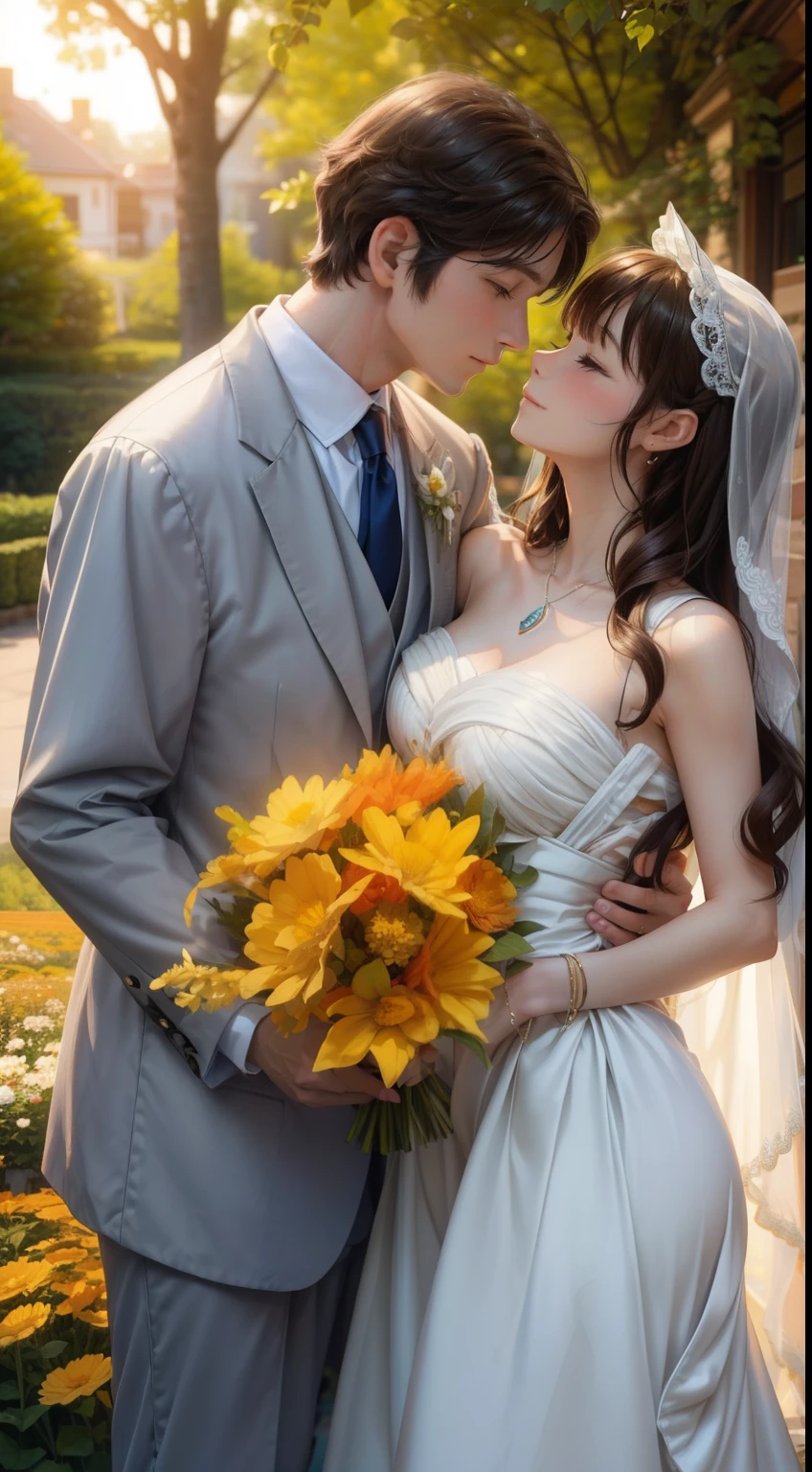 A magical sunset in a magnificent garden、A beautiful scene unfolds as the groom holds the bride in his arms.。. warm, The golden light of the sunset gives a gentle glow to couples, Increase the romance of the moment.
Set against a stunning garden backdrop, Bright flowers and lush greenery、Creating a picturesque environment for this gentle scene. The beauty of the garden is amplified by softness, Ethereal shades of the sunset, Transform into a dreamy paradise.
The groom's strong and protective embrace is、Contrasts with the delicate elegance when the bride effortlessly carries her. Her radiant smile and joyful expression are、Reflects the happiness of the occasion, Create an atmosphere of pure bliss.Two-dimensional beautiful girl sunlight shines on the couple, Emphasize their connection and love. The way the light dances to their faces and attire、Adds a touch of magic to the moment, As if the universe itself is celebrating their union.
Shot against the background of the waning sun, This scene captures the essence of romance and the promise of new beginnings.. This image is、Reflects the beauty of timeless love and the power of shared moments, It reminds us of the deep bond that unites two hearts..