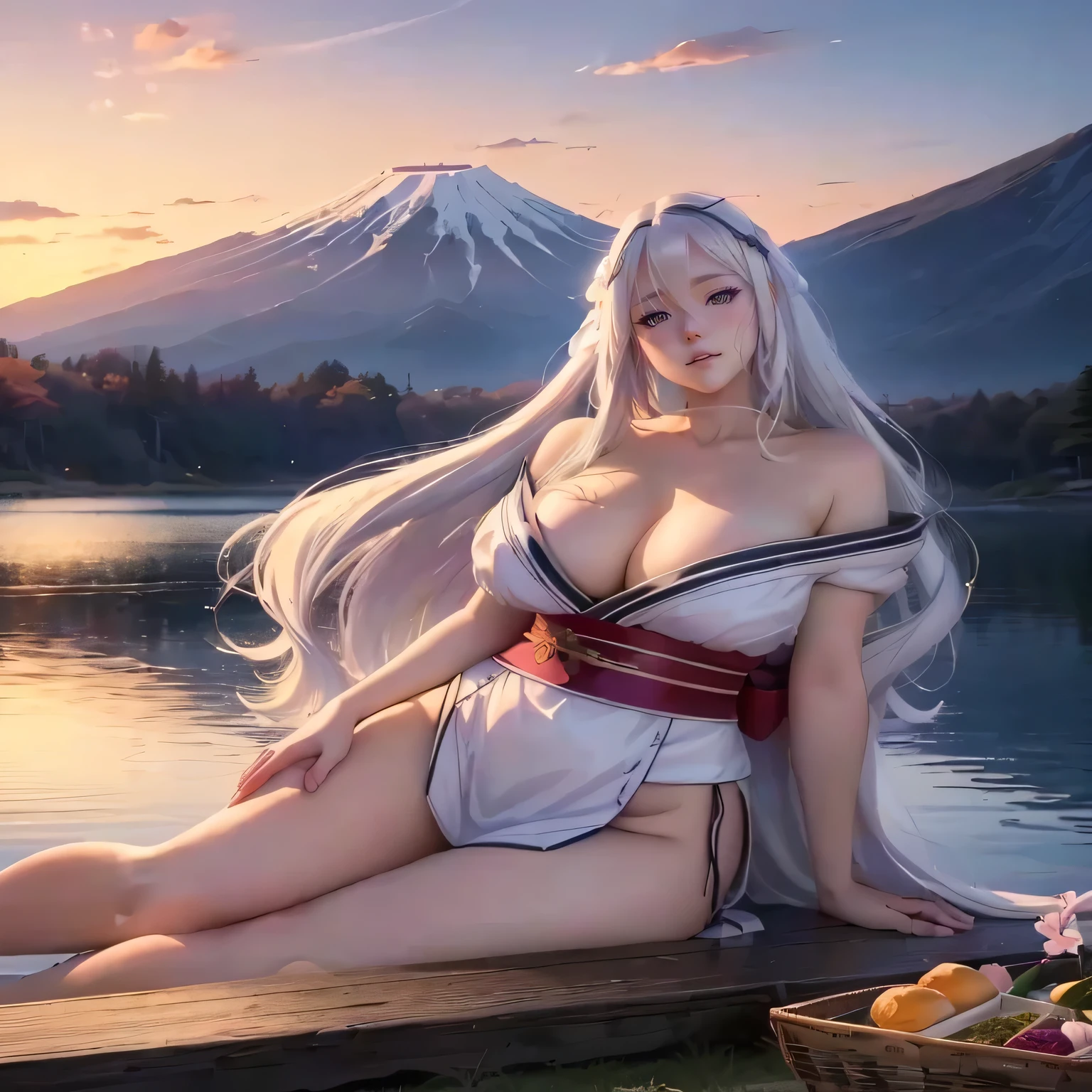 Anime girl with long white hair sits on a pier next to a lake, Japanese goddess, seductive anime girl, beautiful alluring anime woman, anime goddess, beautiful anime woman, beautiful anime girl, white-haired deity, Hyper realistic anime., anime girl in real life, Photorealistic anime, anime woman, anime girl cosplay, Advanced Digital Anime Art, Japanese fantasy