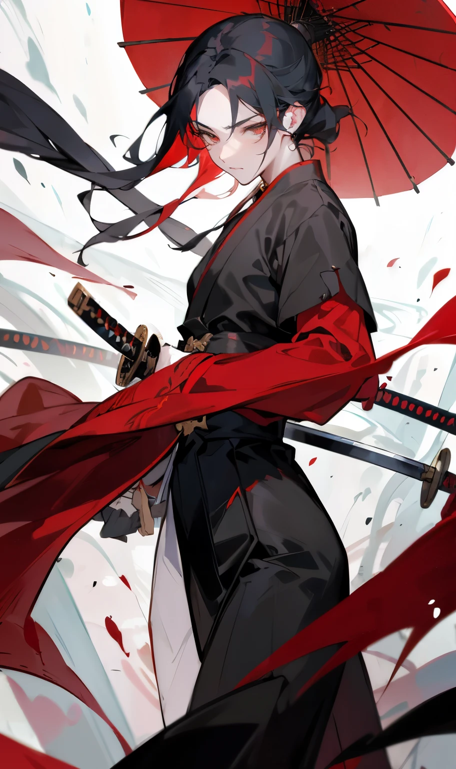 A swordsman in a rainy night, with red irises, possessing a unique and elegant aura. The swordsman's attire is pure black, adding to the contrast of the scene. The composition is skillfully arranged, capturing a sense of  and liveliness. The viewpoint is vast, showcasing the enormity of the surroundings. The swordsman wields a katana, showcasing a blade that is fluid, dynamic, and deadly. The atmosphere is filled with an intense and unrestrained bloodthirst. The overall image is characterized by its flawless execution, with every detail meticulously portrayed. The lighting casts dramatic shadows, emphasizing the prowess and determination of the swordsman. The color palette is dominated by shades of red, further intensifying the atmosphere of the scene.