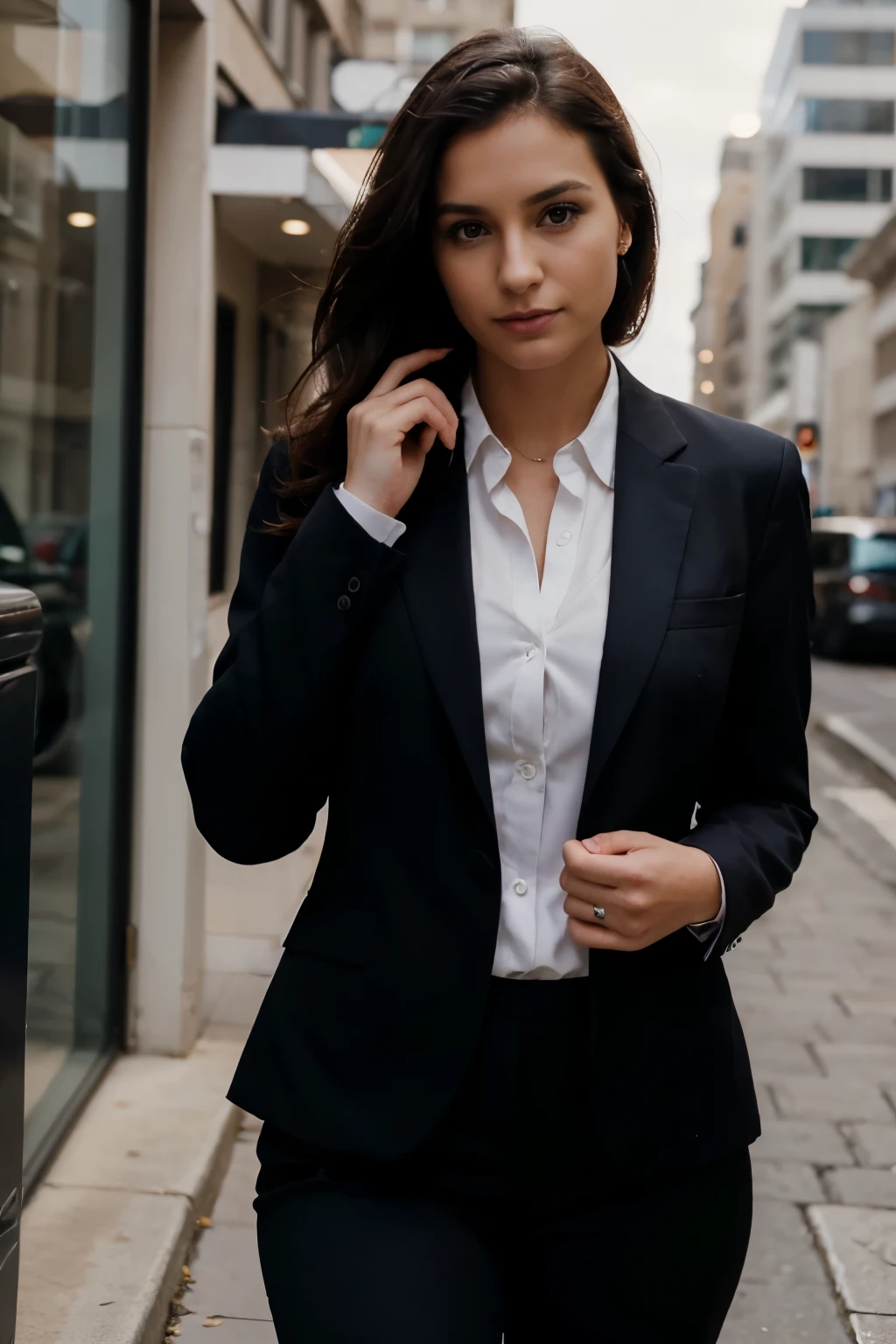 a pretty but unposed 30 year old woman looking smart and dynamic dressed in a business suit and looking at the camera to describe a captivating subject