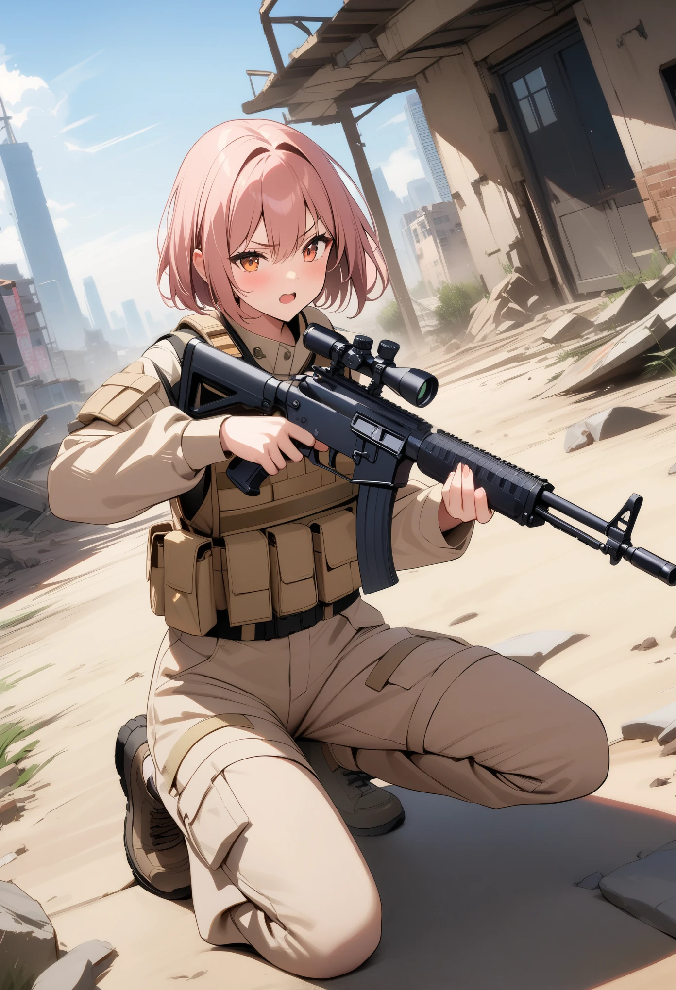 (masterpiece:1.3),(best quality:1.2),8k,absurdres, solo,medium view,A girl,detailed short hair,anger,(Soldier clothing that desert camouflage bulletproof vest with trousers:1.2),Get down on one knee,(holding a M14 assault rifle:1.2),City ruins,(China city:1.2),Depth of Field