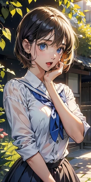 (masutepiece:1.4), ((Best Quality)), (Ultra-detailed), ((kawaii)), (Cute), (Upper body), (colouring), ((Extremely detailed)), 4K, (8K), Best Quality, (Beautiful), Illustration, Anime style, Dynamic Angle, shooting pose, Shake your chest, (from wildcard:1.4), heavy outline, clear outlines, Gradation, (full body focus), (English Garden), ,1girl in, (School Uniforms), Solo, (DarkBrown hair),(Beautiful colored eyes),slightly wheat-colored skin,Open mouth, Sweat, steam, sparkling effect, Lens Flare, shiny-glistening, gleaming