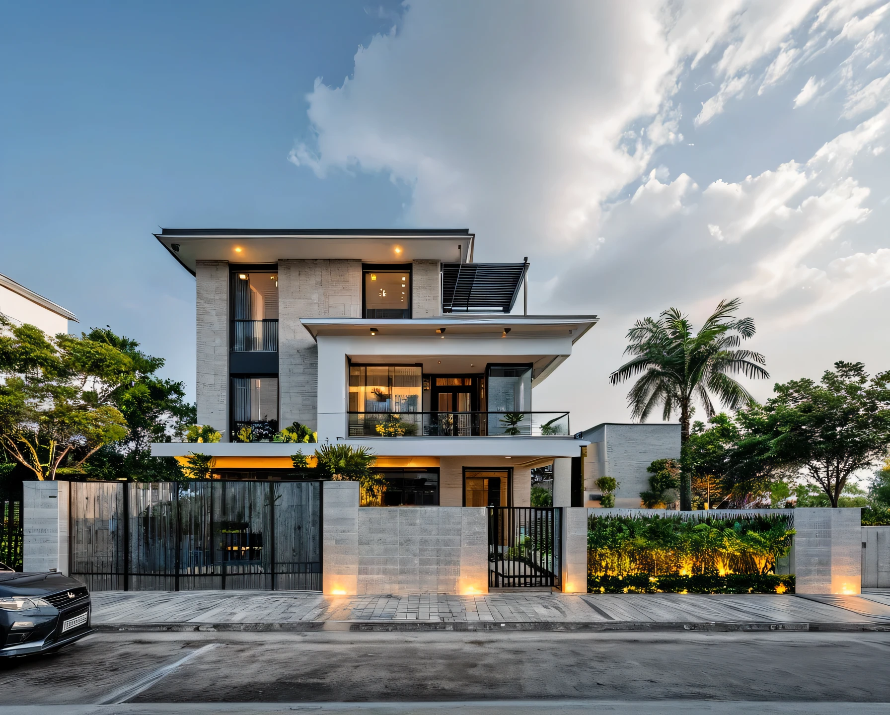 Masterpiece, high quality, best quality, authentic, super detail, outdoors, onestoreyvillaXL, aiaigroup, house style modern on the street ,stairs, white wall ,road,pavement, grass, trees, sky, cloud, (daylight:1.1), gate fence, balcony, glass ralling, car on road, white wall, stone wall