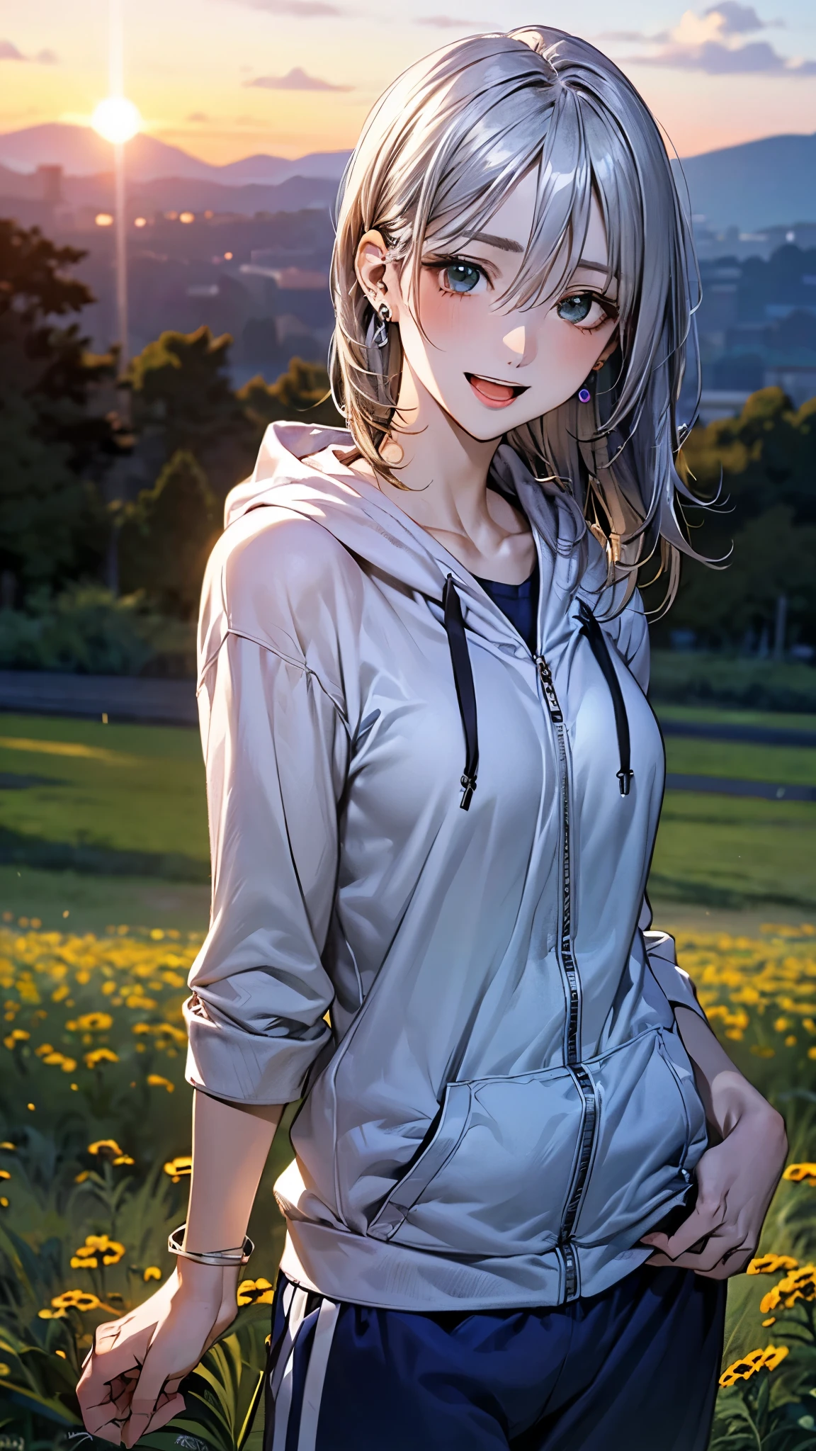 (masterpiece:1.2, top-quality), (realistic, photorealistic:1.4), beautiful illustration, (natural side lighting, movie lighting), ,
looking at viewer, (face focus, upper body), 1 girl, japanese, high school girl, perfect face, perfect hands, face, (perfect anatomy:1.4), cute and symmetrical face,
(medium hair, straight hair, blonde hair), hair between eyes, emerald green eyes, long eye lasher, (medium breasts), slender, white skin, shiny skin,
beautiful hair, beautiful face, beautiful detailed eyes, beautiful clavicle, beautiful body, beautiful chest, beautiful thigh, beautiful legs, beautiful hands,
(detailed cloth texture, (silver hoodie, navy blue jogger pants, earrings)), hair flutters in the wind,
(beautiful scenery), early evening, big sunset, orange view, (meadow), walking, (hand in own hair), (lovely smile, upper eyes, open mouth),