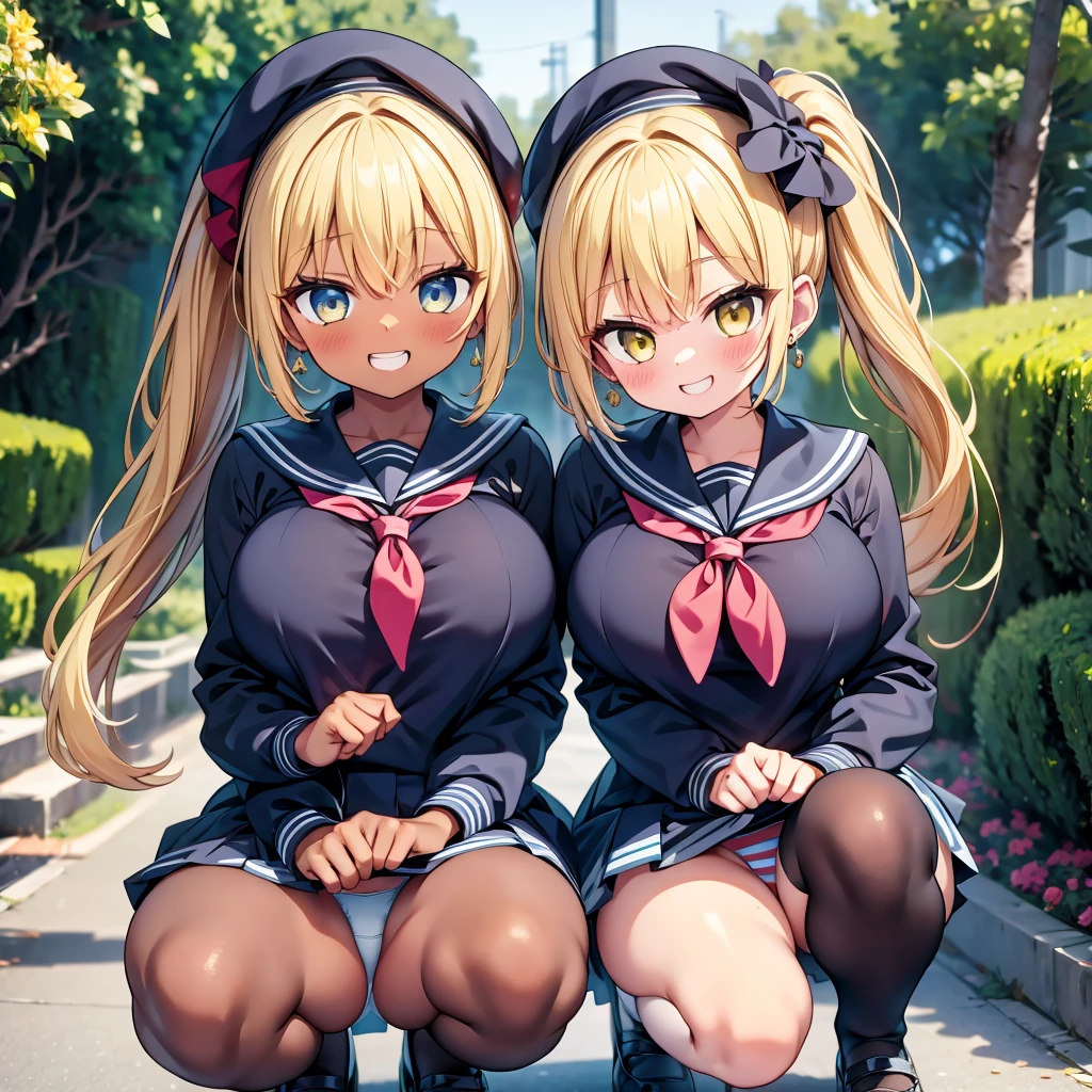 (cute eyes:1.2),highest quality,wonderful,finely,extremely detailed CG Unity 8K wallpaper,(2 Girls, cute eyes, sailor uniform, clothed,blonde, Yellow Eyes, Low Ponytail, Scrunchie, Earrings、Wicked Smile), (Grin:1.1), ((Brown Skin:1.2)), (huge breasts), (squatting,open legs:1.2), (Light blue striped underwear:1.1),(open mouth:1.1),(zettai ryouiki:1.3)