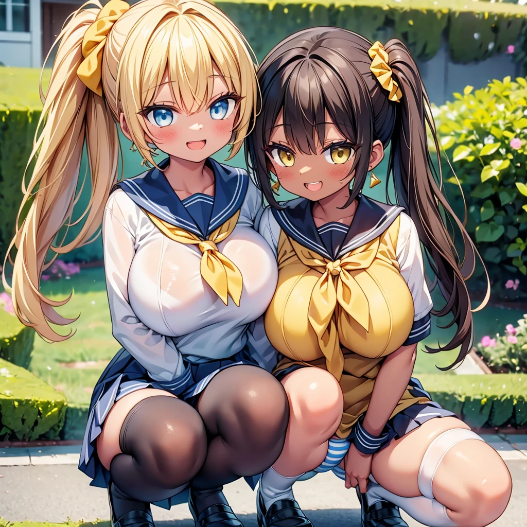 (cute eyes:1.2),highest quality,wonderful,finely,extremely detailed CG Unity 8K wallpaper,(2 Girls, cute eyes, sailor uniform, clothed,blonde, Yellow Eyes, Low Ponytail, Scrunchie, Earrings、Wicked Smile), (Grin:1.1), ((Brown Skin:1.2)), (huge breasts), (squatting,open legs:1.2), (Light blue striped underwear:1.1),(open mouth:1.1),(zettai ryouiki:1.3)