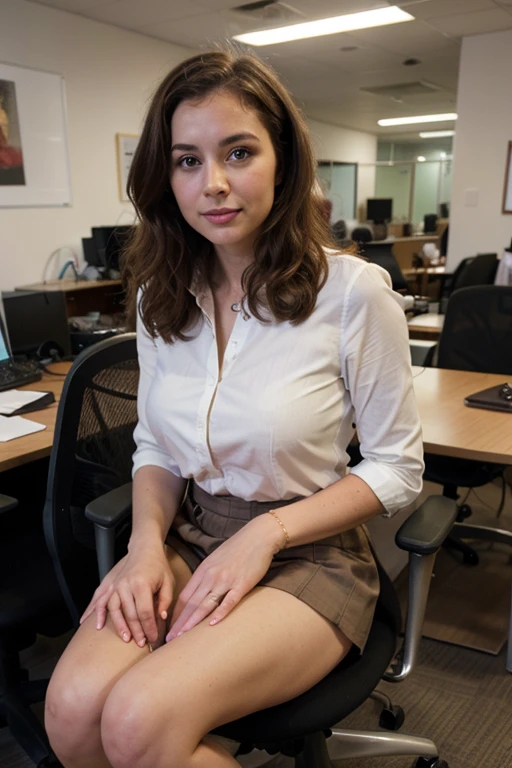 ((best quality)), ((masterpiece)), full body picture of white woman with brown hair long curly, office setting, short skirt, tight blouse