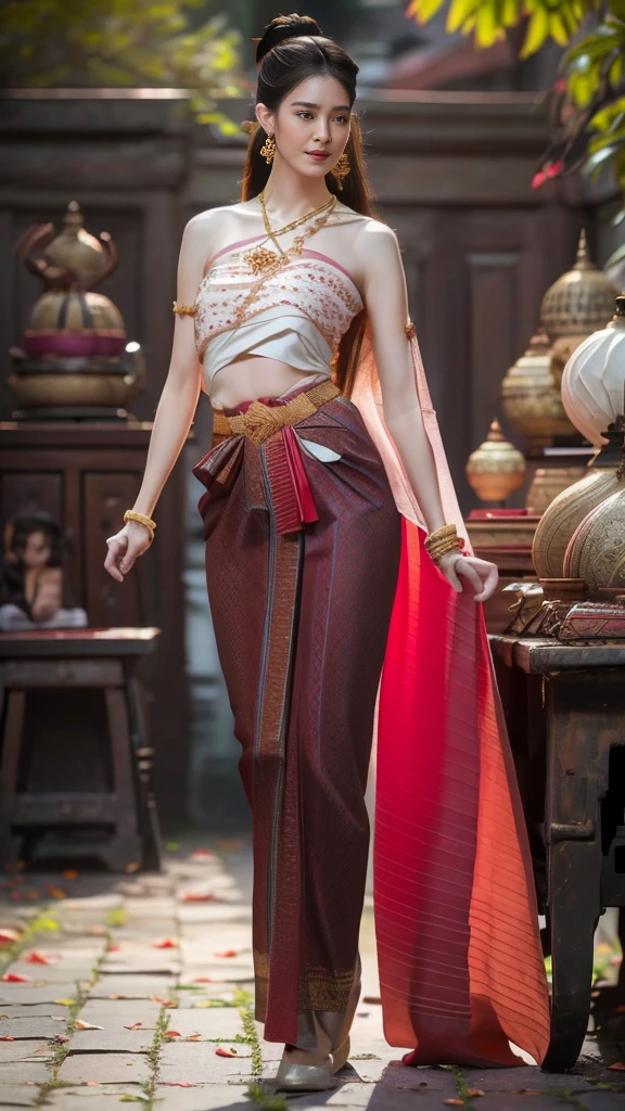 beautiful girl ,Thai women&#39;warrior, walking at thai measure, dynamic poses, Thai Chat Set, long hair,black eyes, Strapless shirt, abdominal muscles, thin body, rounded chest, (big breast:1.3), rift, small thighs, Long legs, morning sun, staring at the audience, (sexy poses), ((face details)), Double eyelids, that is finished, realistic, Masterpiece, qualityสูงสุด, lens flare, shade, old measure, measure, [[Chromatic aberration]], HDR, high contrast, Covered in a long thin sash, Beautiful figure, (realistic:1.3), Crazy details, quality, (Masterpiece:1.2), (ภาพrealistic:1.2), (qualityที่ดีที่สุด), (Beautiful skin:1.3), (There are complicated details...), Ray tracing, ((Full body)), ((ผู้หญิง 1 person)), (((1 person))), Age 18-20 years, ((long hair, for a very long time., ปล่อยlong hair)), smile, red tank top, white coat, red striped skirt., Contrasting colors with dresses and skirts..., Show off your pretty shoulders..., skirt pattern, earring, necklace, Javanese jewelry, (blurred background), riftของเต้านม, big breast, Beautiful breasts, Big breast augmentation, Long legs, white skin, charming, ultimate beauty