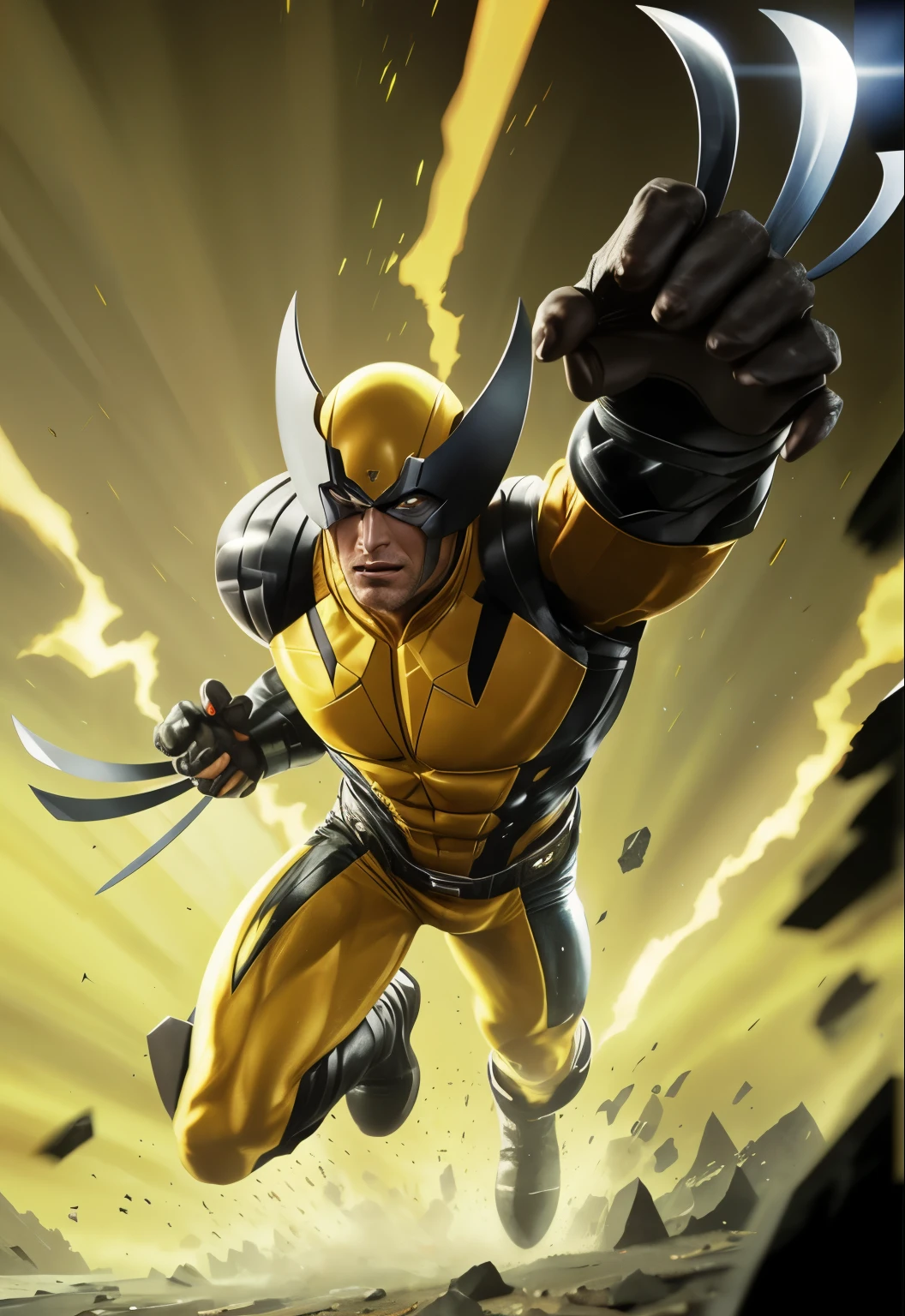 Hugh Jackman, carcaju, x-men, terno de couro amarelo e preto.