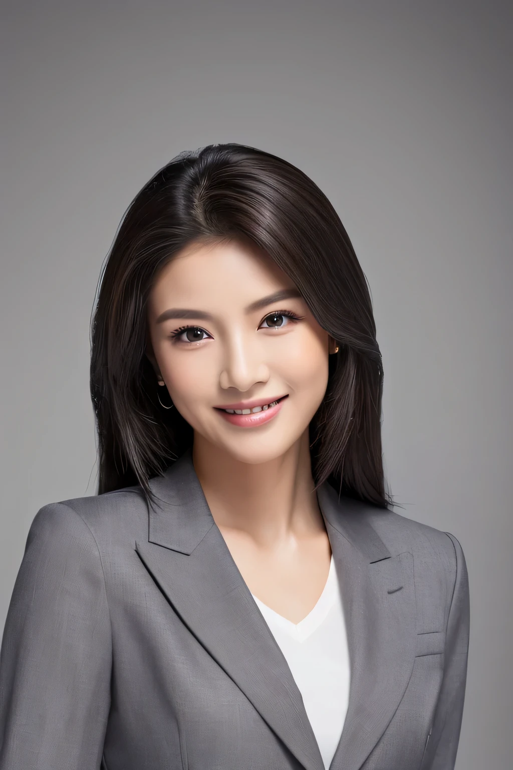 ((highest quality、8k、masterpiece:1.3))、sharp:1.2、Perfect body beauty:1.4、Slim Abs:1.2、28 years old、Filipino women、big、Beautiful Face、Laughter、((1 business woman:1.3))、(Gray background:1.2)、Straight hair、Highly detailed face and skin texture、Detailed eyes、Looking at the camera、Grey jacket