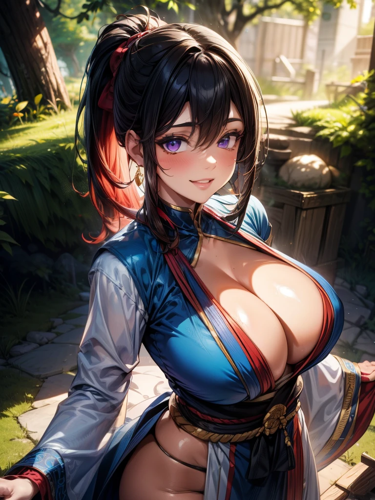 {{{masterpiece}}}, {{{best quality}}}, {{ultra-detailed}}, {cinematic lighting}, {illustration}, {beautifuly detailed eyes}, {1girl}, extremely detailed, 1girl, solo, flirtatious pose, A beautiful shinobi warrior, blue hair in a long ponytail, wearing gold and blue clothing, warrior, playful smile, purple eyes, huge breasts, cleavage, hourglass figure, facing viewer, outdoors, woodland background, highly detailed face and clothing, slightly narrow eyes, perfect face, fair skin, hair bangs, long hair, cowboy shot, noble beautiful, traditional Japanese clothing, shinobi woman, dynamic camera angle, from above and to the side