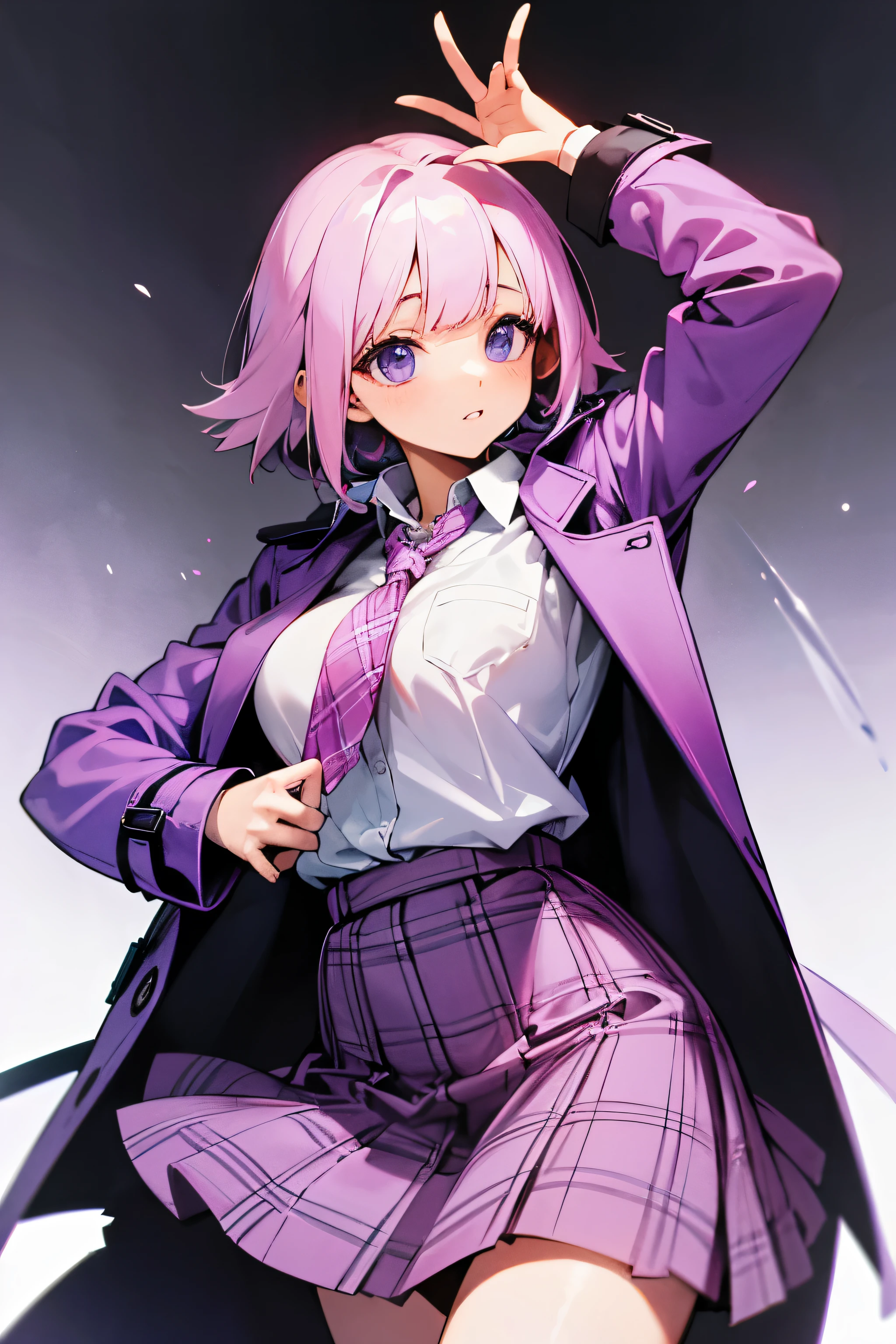 Investigator girl wearing pink trenchcoat over white collared shirt and purple plaid skirt, resembles angie yonaga