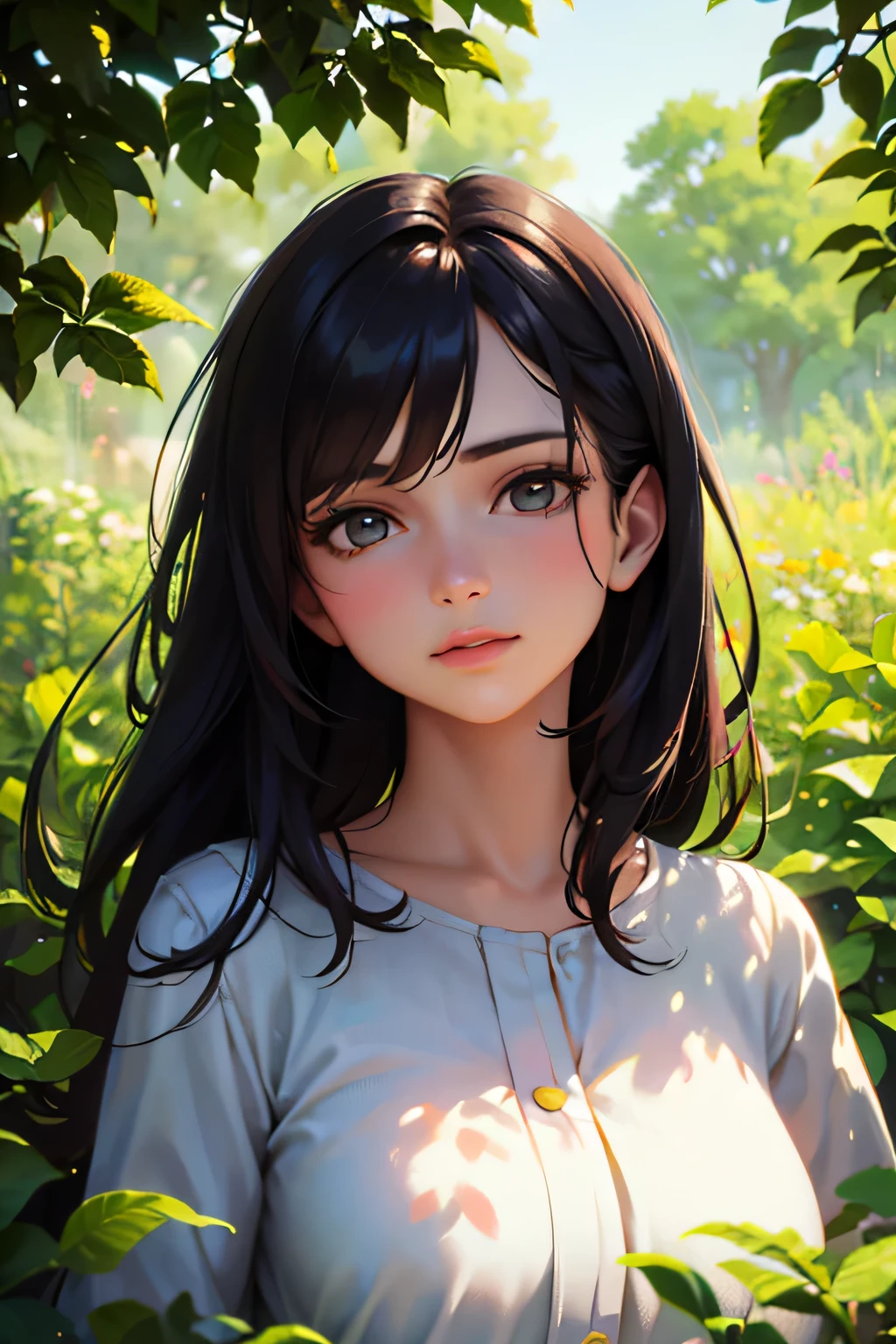 communist,girl in a garden,oil painting,detailed foliage,soft sunlight,best quality,ultra-detailed,realistic:1.37,vivid colors,portrait,cool color tone,warm backlighting,peaceful atmosphere,flowers in her hair,lush greenery,gentle breeze,subtle shadows,serene expression,confident posture,retro fashion