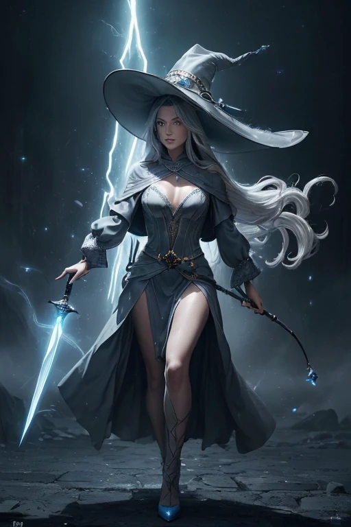 (master piece:1.8), (best quality:1.8), (exquisite lighting and shadow, highly dramatic picture, cinematic lens effect) 8k, wallpaper, dynamic pose, one hand pointing the sky, looking at the viewer, Full Body female long silver hair waving in the air dark fantasy magician lady wearing an elaborate futuristic thin dark gray and light gray large tunic with white lines and very long tunic sleeves, with a big gray pointy magician hat with a big blue gem in the center, high heels, holding a middle magic staff, thin waist, notorious hips, serious look in the eyes, blue energy behind, blue mist, blue stars, blue energy spots behind, ethereal lightning, sharp focus
