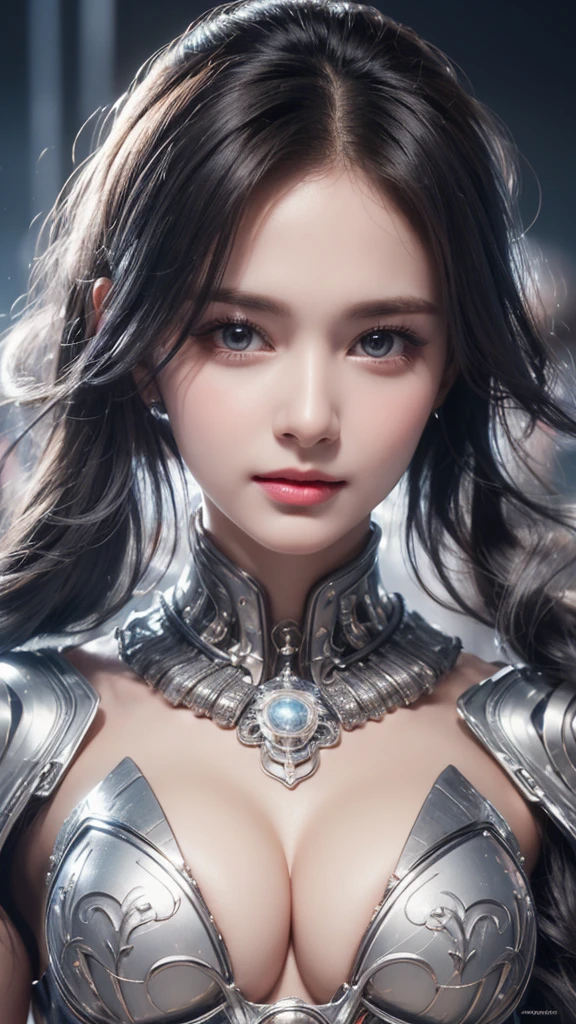 (RAW image quality), highest quality、8K masterpiece、超A high resolution、(Photoreal:1.3)、Raw photo、1 girl、silvery hair、glowing skin、1 Cyberpunk Super Beautiful Soldier、((Ultra realistic details))、cowboy shot、global illumination、Shadow、octane rendering、8K、super sharp、beautiful breasts、Raw skin exposed in cleavage、Transparent plastic bust cover, Metal、cold color、、very intricate details、realistic light、CG Society Trends、beautiful eyes、shining eyes、towards the camera、neon details、