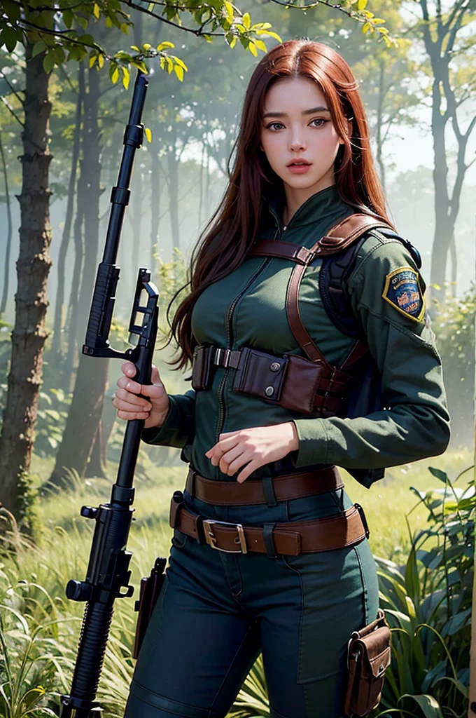 1girl, (photorealistic)++, beautiful lighting, masterpiece++, best quality++, realistic, full body portrait, real picture, intricate details, depth of field, 1girl, A very muscular solider girl with red hair holding a rifle, dark green camo military uniform, long camo cape, holding a assault rifle, m4a1, inside a forrest, highly-detailed, perfect face, blue eyes, lips, wide hips, small waist, tall, make up, Fujifilm XT3, professional majestic photograph by Ed Blinkey, Atey Ghailan, Studio Ghibli, by Jeremy Mann, Greg Manchess, Antonio Moro, trending on ArtStation, trending on CGSociety, Intricate, High Detail, Sharp focus, dramatic, photorealistic painting art by midjourney and greg rutkowski , RAW photo, 8k uhd, film grain, Chinese military uniform, bulletproof vest, M16 . gun
