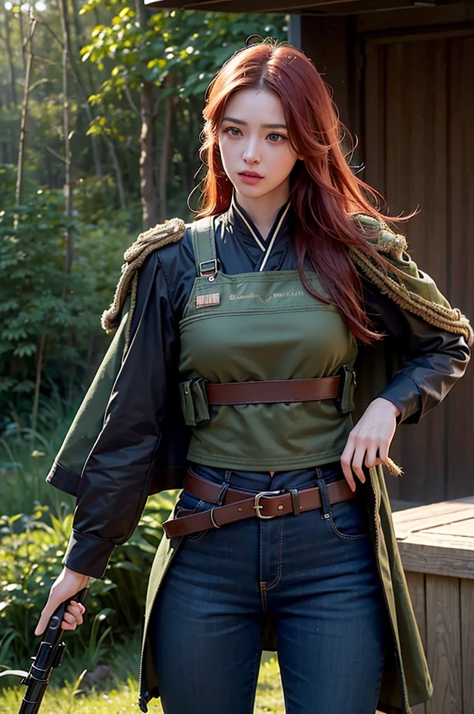 1girl, (photorealistic)++, beautiful lighting, masterpiece++, best quality++, realistic, full body portrait, real picture, intricate details, depth of field, 1girl, A very muscular solider girl with red hair holding a rifle, dark green camo military uniform, long camo cape, holding a assault rifle, m4a1, inside a forrest, highly-detailed, perfect face, blue eyes, lips, wide hips, small waist, tall, make up, Fujifilm XT3, professional majestic photograph by Ed Blinkey, Atey Ghailan, Studio Ghibli, by Jeremy Mann, Greg Manchess, Antonio Moro, trending on ArtStation, trending on CGSociety, Intricate, High Detail, Sharp focus, dramatic, photorealistic painting art by midjourney and greg rutkowski , RAW photo, 8k uhd, film grain, Chinese military uniform, bulletproof vest, M16 . gun