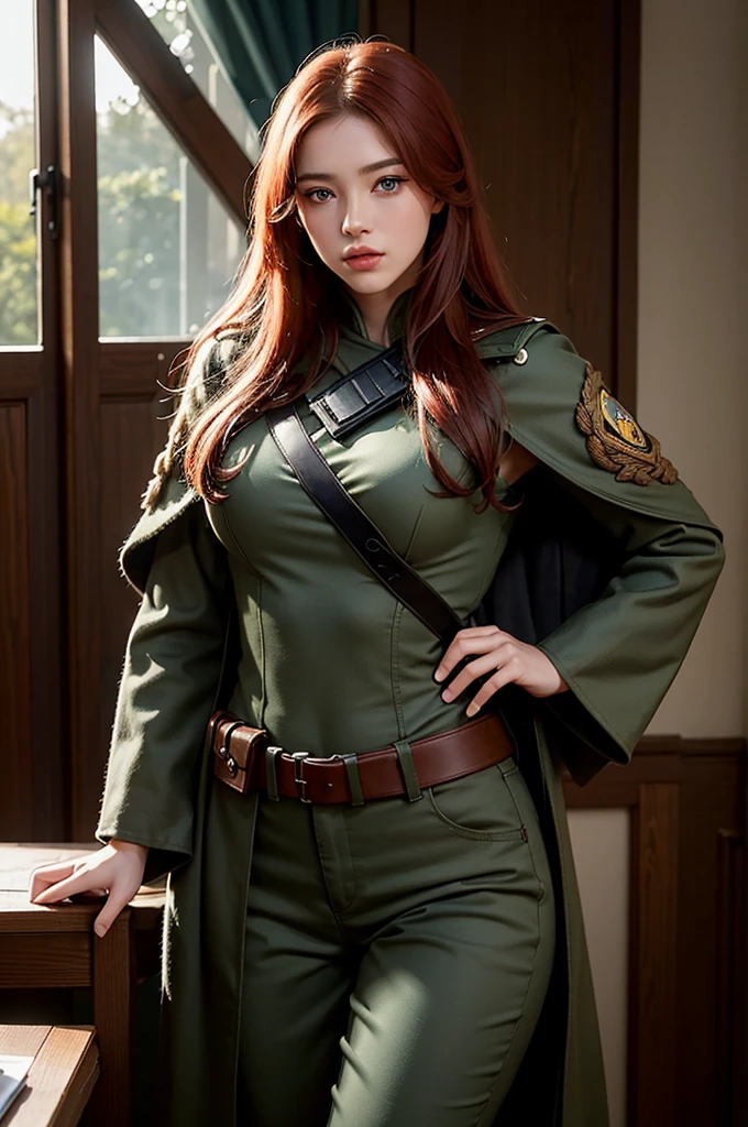 1girl, (photorealistic)++, beautiful lighting, masterpiece++, best quality++, realistic, full body portrait, real picture, intricate details, depth of field, 1girl, A very muscular solider girl with red hair holding a rifle, dark green camo military uniform, long camo cape, holding a assault rifle, m4a1, inside a forrest, highly-detailed, perfect face, blue eyes, lips, wide hips, small waist, tall, make up, Fujifilm XT3, professional majestic photograph by Ed Blinkey, Atey Ghailan, Studio Ghibli, by Jeremy Mann, Greg Manchess, Antonio Moro, trending on ArtStation, trending on CGSociety, Intricate, High Detail, Sharp focus, dramatic, photorealistic painting art by midjourney and greg rutkowski , RAW photo, 8k uhd, film grain, Chinese military uniform, bulletproof vest, M16 . gun