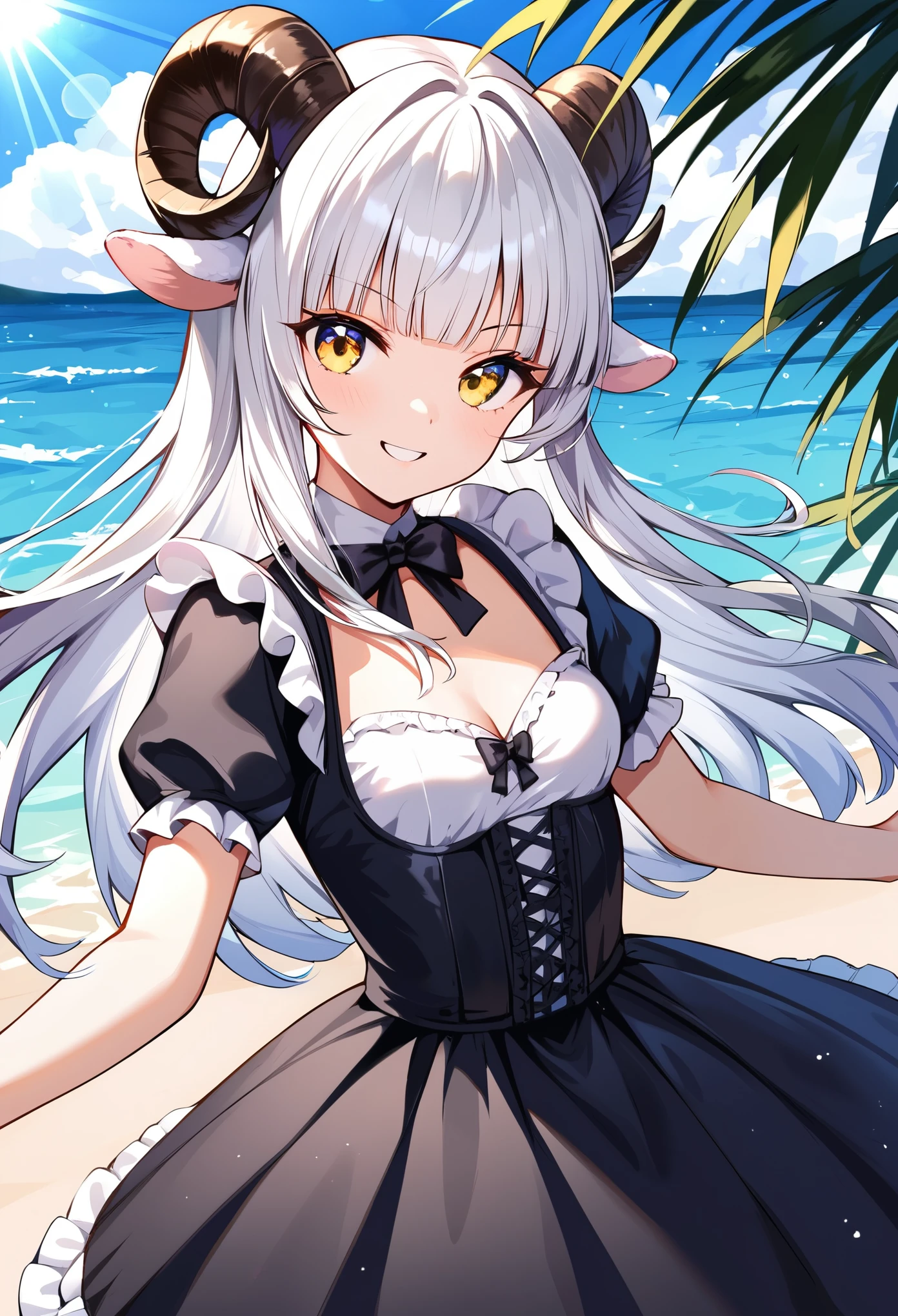 masterpiece, best quality, ultra high quality, (score_9, score_8_up, score_7_up), 1girl, solo, white hair, long hair, hime cut, long bangs, yellow eyes, sheep horns, curled horns, black horns, sheep ears, smirk, small breasts, standing, spread arms, upper body, victorian fashion, black dress, frilled dress, cleavage, short sleeves, she is in the beach, ocean behind, day, sunrays