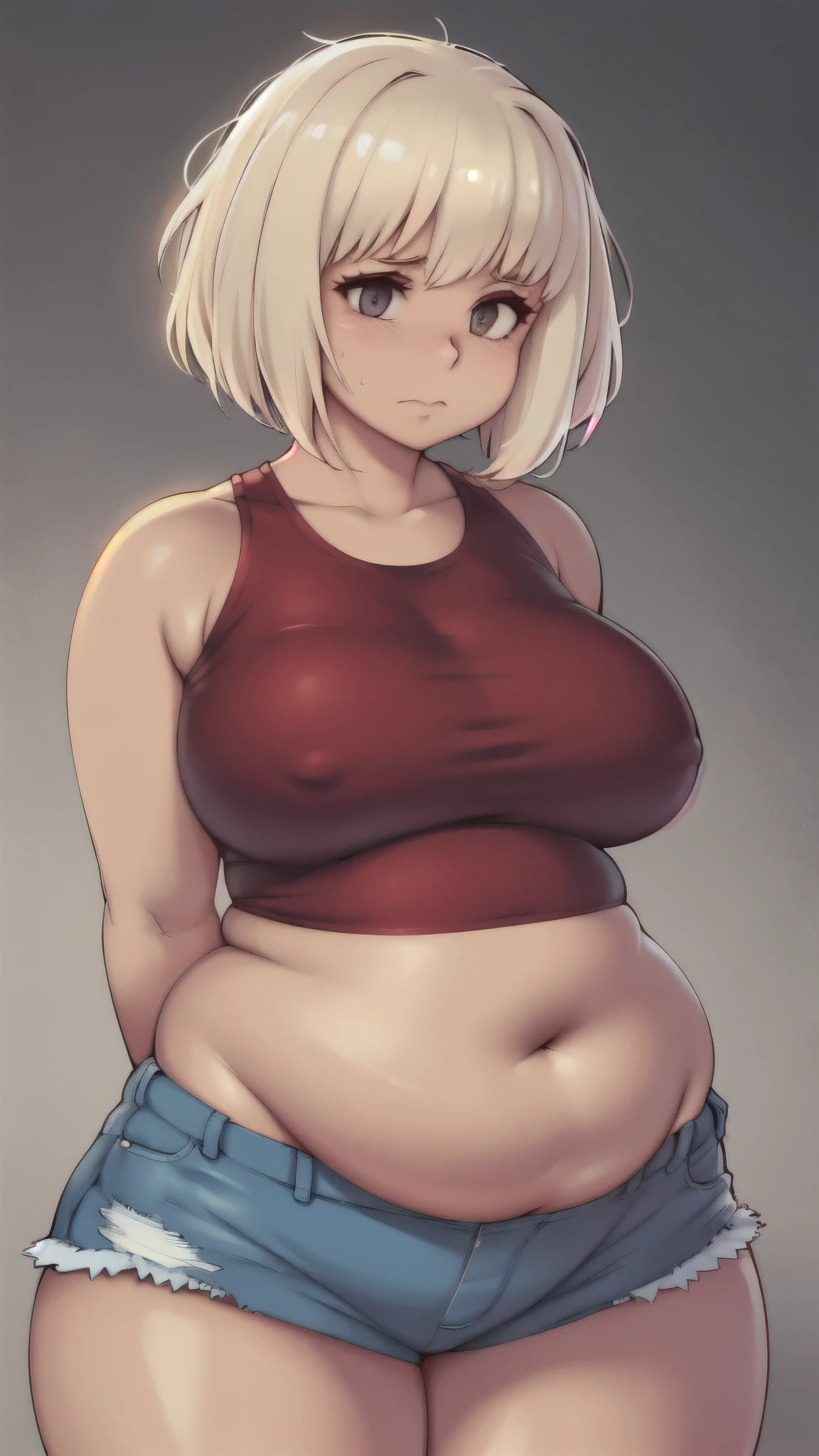 ((highres)), Masterpiece, high quality, best quality, beautiful, perfect lighting, detailed face, ultra cute face, looking at viewer, embarrassed, blushing, 1girl, chubby belly, thick thighs, wide hips, art by kipteitei, blonde hair, short hair, messy hair, shorts, crop top, arms behind back, simple background, gradient background,