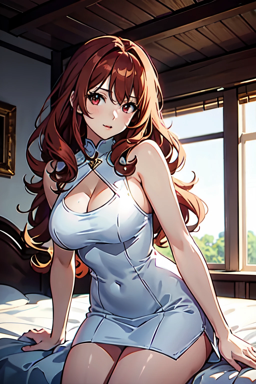 1girl, anime, solo, masterpiece quality, best quality (character details + style) half body, long curly hair, caramel hair, vibrant red eyes, rose on the side of head, curvy and provocative body, white and fancy tight and flowing sleeveless dress, (lens effect + lighting + scene) light and shadow interlaced, royal bedroom.