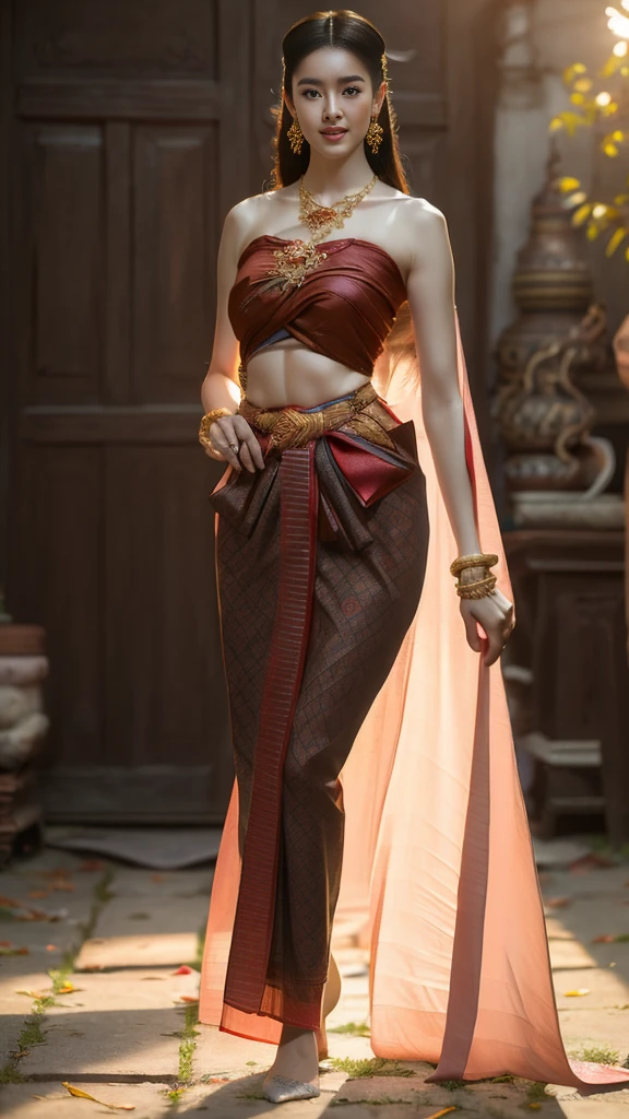 beautiful girl ,Thai women&#39;warrior, walking at thai measure, dynamic poses, Thai Chat Set, long hair,black eyes, Strapless shirt, abdominal muscles, thin body, rounded chest, (big breast:1.3), rift, small thighs, Long legs, morning sun, staring at the audience, (sexy poses), ((face details)), Double eyelids, that is finished, realistic, Masterpiece, qualityสูงสุด, lens flare, shade, old measure, measure, [[Chromatic aberration]], HDR, high contrast, Covered in a long thin sash, Beautiful figure, (realistic:1.3), Crazy details, quality, (Masterpiece:1.2), (ภาพrealistic:1.2), (qualityที่ดีที่สุด), (Beautiful skin:1.3), (There are complicated details...), Ray tracing, ((Full body)), ((ผู้หญิง 1 person)), (((1 person))), Age 18-20 years, ((long hair, for a very long time., ปล่อยlong hair)), smile, red tank top, white coat, red striped skirt., Contrasting colors with dresses and skirts..., Show off your pretty shoulders..., skirt pattern, earring, necklace, Javanese jewelry, (blurred background), riftของเต้านม, big breast, Beautiful breasts, Big breast augmentation, gigantic size, Long legs, white skin, charming, ultimate beauty, Bend over