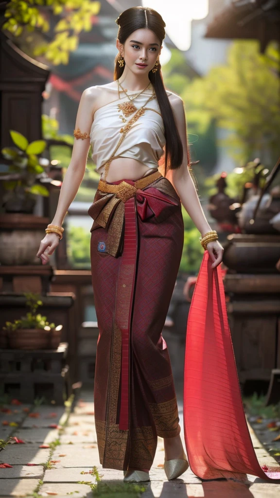 beautiful girl ,Thai women&#39;warrior, walking at thai measure, dynamic poses, Thai Chat Set, long hair,black eyes, Strapless shirt, abdominal muscles, thin body, rounded chest, (big breast:1.3), rift, small thighs, Long legs, morning sun, staring at the audience, (sexy poses), ((face details)), Double eyelids, that is finished, realistic, Masterpiece, qualityสูงสุด, lens flare, shade, old measure, measure, [[Chromatic aberration]], HDR, high contrast, Covered in a long thin sash, Beautiful figure, (realistic:1.3), Crazy details, quality, (Masterpiece:1.2), (ภาพrealistic:1.2), (qualityที่ดีที่สุด), (Beautiful skin:1.3), (There are complicated details...), Ray tracing, ((Full body)), ((ผู้หญิง 1 person)), (((1 person))), Age 18-20 years, ((long hair, for a very long time., ปล่อยlong hair)), smile, red tank top, white coat, red striped skirt., Contrasting colors with dresses and skirts..., Show off your pretty shoulders..., skirt pattern, earring, necklace, Javanese jewelry, (blurred background), riftของเต้านม, big breast, Beautiful breasts, Big breast augmentation, gigantic size, Long legs, white skin, charming, ultimate beauty, Bend over