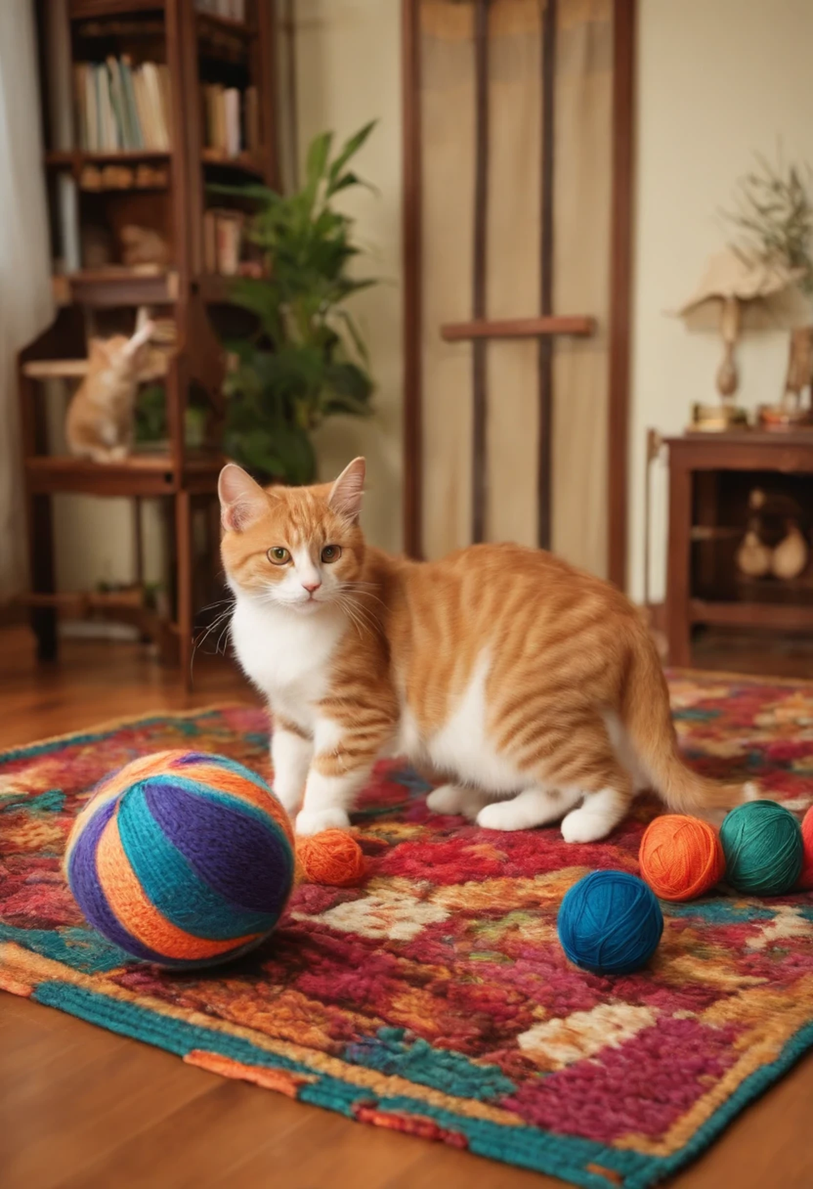 Create a colorful drawing with cute cats playing in the living room on a rug with a ball of thread. The picture has a sofa, a carpet, a wardrobe, and a fireplace. The cats can have different facial expressions, from joy to curiosity. Choose a bright and attractive color palette for children aged 4-6.