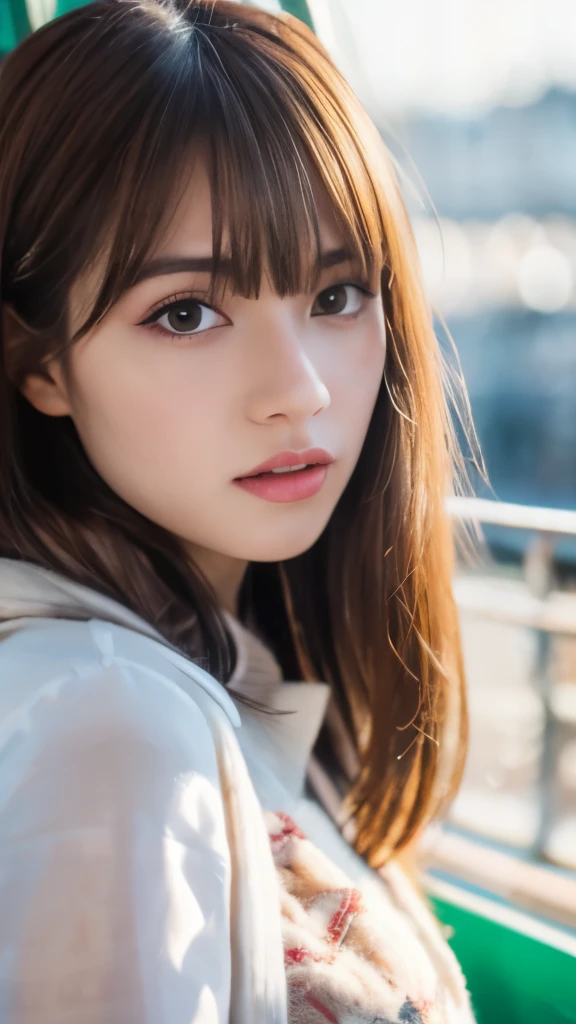 Best quality, 8k,  ,Masterpiece :1.3)), facing viewer,((full body1.2)) ,pretty woman, wide shot ,1girl, , selfie   , , in the Ferris Wheel ,, brown hair  , bangs,ultra-detailed face, highly detailed lips, detailed eyes, double eyelid