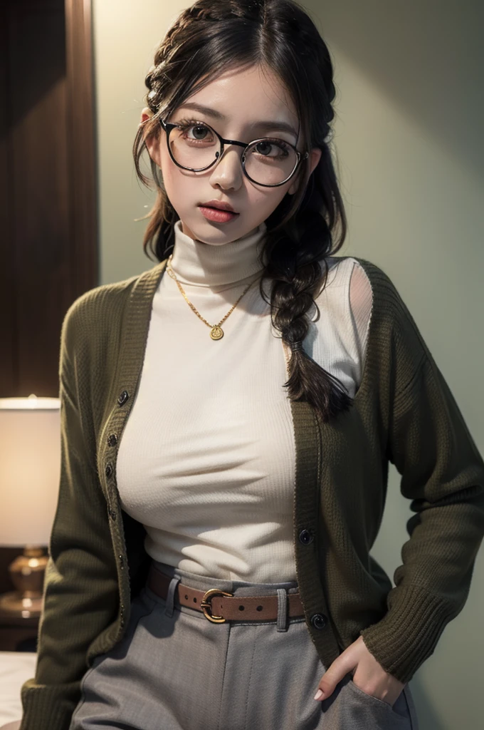 (masterpiece1.5),adult lady,Huge breasts,Solo,(((braid))), Long hair, half-opened mouth,(Red Frame Glasses),(Black hair), (large eyes with double eyelids),(Thick lip),(lofty nose),(High gauge (tight fitted:1.1) (Black:1.3) turtle neck:1.1), (Tuck-in:1.3), (Orange Cardigan:1.2), (checkered (Dark olive green) Tapered pants:1.3), Dark brown belt, Gold necklace, (Dark brown:1.1) lowfers,Nice backgrounds for your subject、beatiful backgrounds、spot light、Vibrant colors、(((Detailed drawing)))、Perfect Beautiful Girl