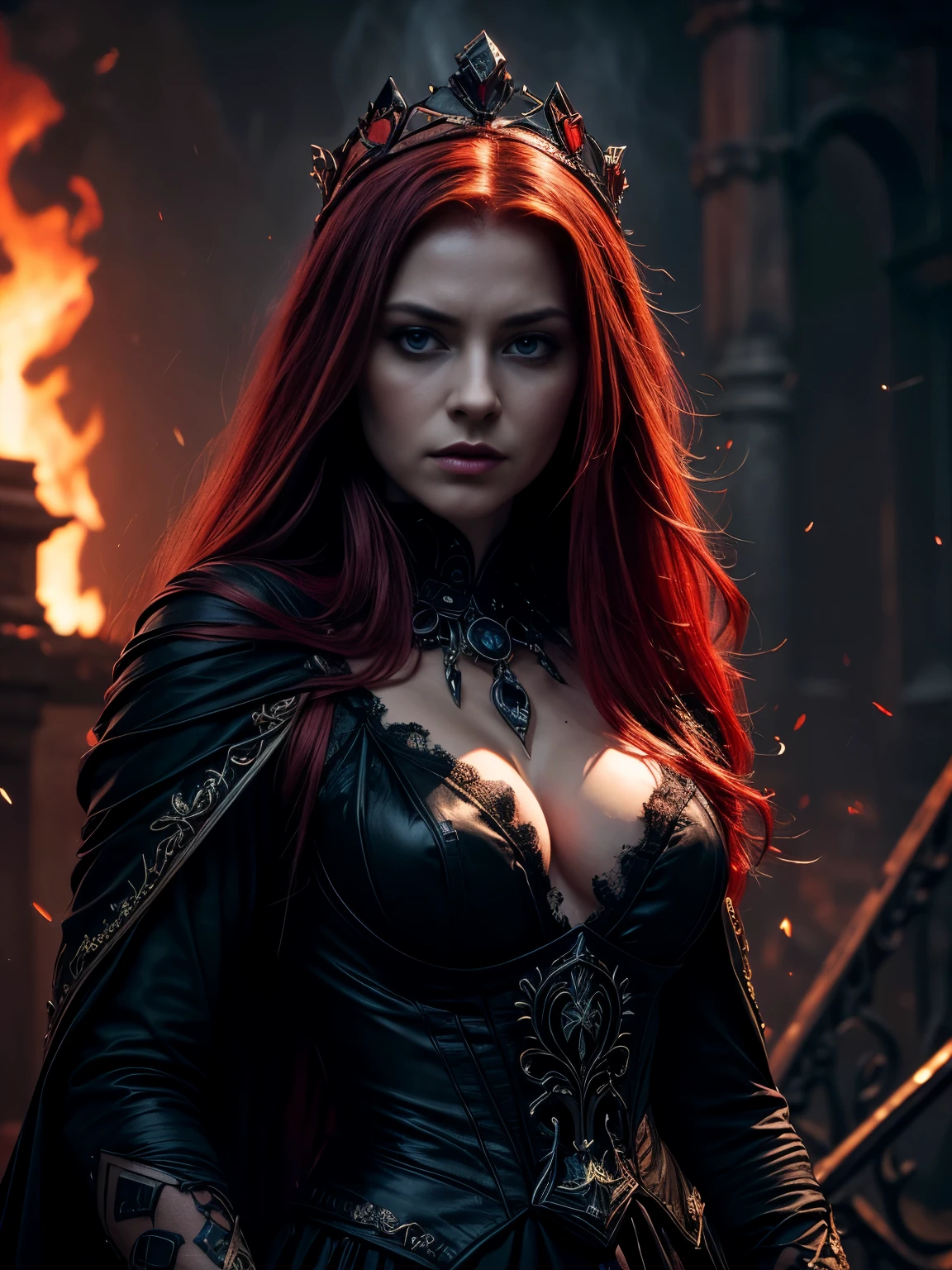 (best quality,4k,8k,highres,masterpiece:1.2),ultra-detailed,(realistic,photorealistic,photo-realistic:1.37),cruel and beautiful queen of the underworld, burning city, laughing queen, dark and gloomy atmosphere, intense flames, crumbling buildings, terrified citizens, twisted and eerie shadows, billowing smoke, sparkling embers, ash-filled sky, shattered glass, hauntingly beautiful queen, fiery red hair flowing in the wind, piercing, icy blue eyes, delicate yet menacing smile, regal black gown flowing around her, flickering firelight casting dramatic shadows, eerie silence broken by the queen's echoing laughter, the queen stands tall and proud amidst the chaos, embodiment of power and destruction, gritty and realistic art style, vibrant and contrasting color palette with deep reds and dark shades, ethereal lighting illuminating the queen's face, a sense of both awe and fear in the air.