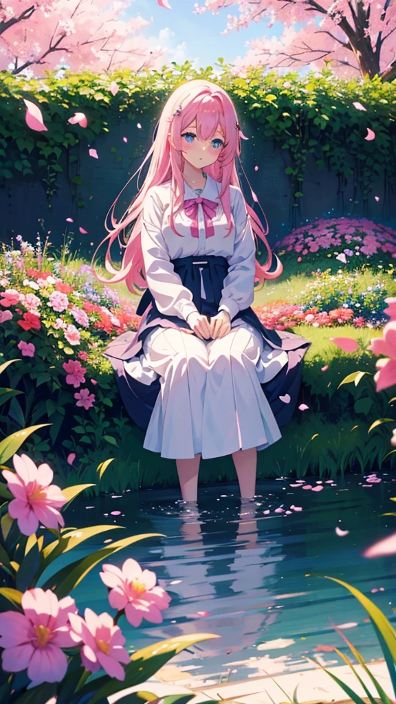 Pink-haired anime girl sitting in a flower field,blue eyes, Long skirt,White,Popular on artstation pixiv, Digital art on pixiv, anime art wallpaper 8 k, Guweiz on Pixiv ArtStation, Anime Art Wallpaper 4K, anime art wallpaper 4k, Highest rated on pixiv, beautiful anime artwork, pixiv contest winners