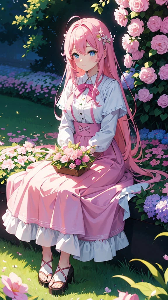 Pink-haired anime girl sitting in a flower field,blue eyes, Long skirt,White,Popular on artstation pixiv, Digital art on pixiv, anime art wallpaper 8 k, Guweiz on Pixiv ArtStation, Anime Art Wallpaper 4K, anime art wallpaper 4k, Highest rated on pixiv, beautiful anime artwork, pixiv contest winners