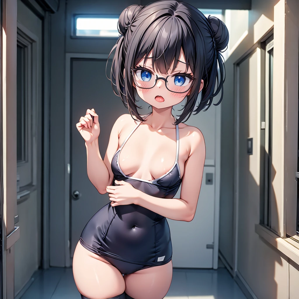 highest quality,wonderful,finely,extremely detailed CG Unity 8K wallpaper, (1 Girl,Black Hair, Blue Eyes,Glasses, short hair, double bun), (small breasts:1.2), (school swimsuit:1.1), (Bare shoulders:1.1), (clavicle:1.1), (open mouth:1.2), (long tongue:1.2), (mouth drool:1.2), (zettai ryouiki:1.2),(Waistline:1.2), (Are standing:1.2), (from behind:1.2)