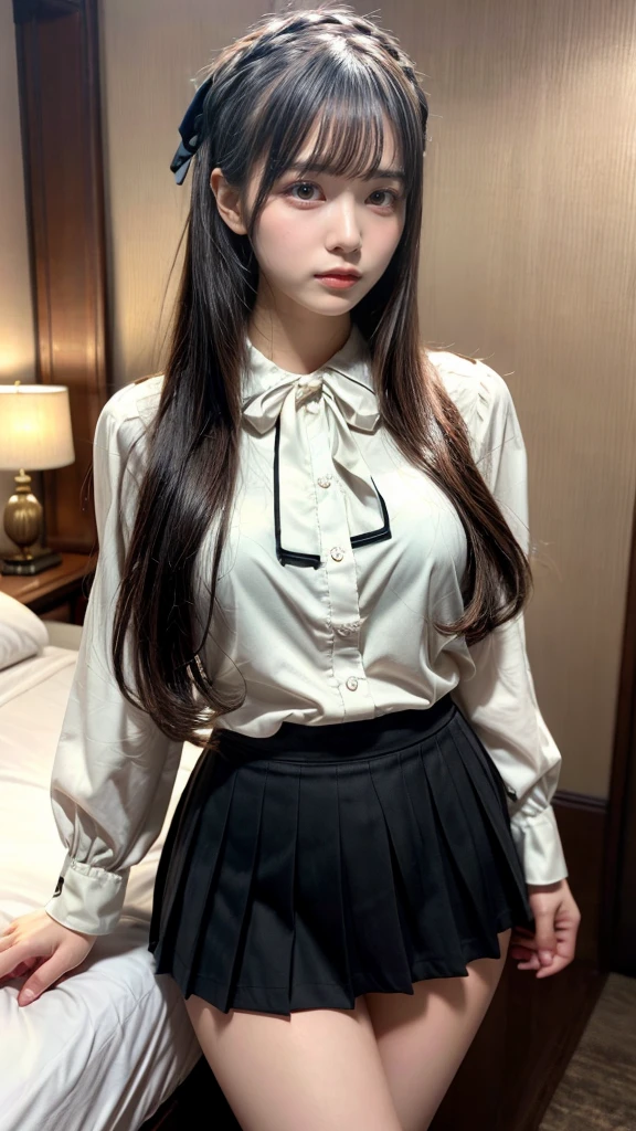 muste piece, best quality, illustration, Super detailed, fine details, High resolution, 8K,wall paper, perfect dynamic composition,(Details High quality, realistic depiction of eyes:1.3), formal blouse, pleated skirt, large breasts, straight hair, black hair color, Big Natural Color Lip, (perfect body shape), crying a little、cold gaze, Harajuku style、20 year old girl、cute type、lolita、beautiful legs, hotel room, Gravure Idol, Voluptuous thighs, large hip