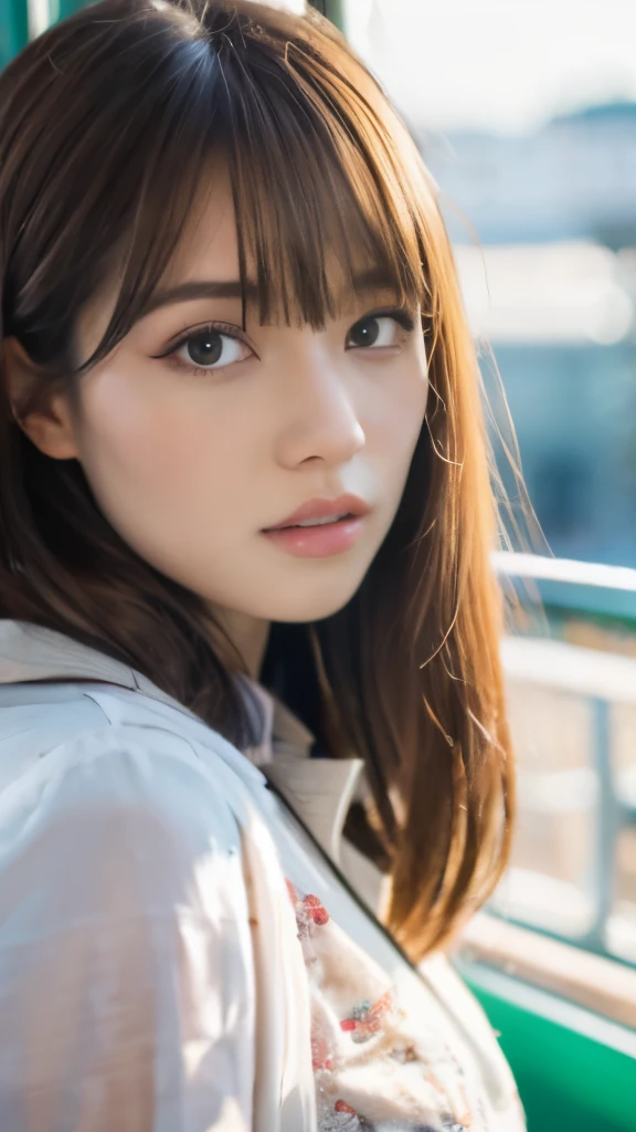 Best quality, 8k, ,Masterpiece :1.3)), facing viewer,((full body1.2)) ,pretty woman, wide shot ,1girl, , selfie , , in the Ferris Wheel ,, brown hair , bangs,ultra-detailed face, highly detailed lips, detailed eyes, double eyelid