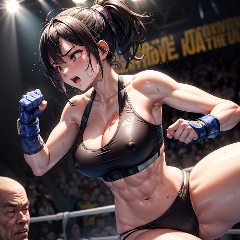 Punching or kicking the opponent's body。A battle royal between two beautiful young heavyweight female mixed martial artists。Bruised Belly。Covered in wounds and in a bad shape。They are fighting violently。Suffering from damage。Mouth open and dripping blood。Facial swelling。Bruised body。With one eye closed, it seems painful。Fighting inside the Octagon。I'm soaked in sweat。Ripped and tattered sports bra and bikini、Open Finger Gloves。Erect nipples。Short black hair。Super big 。Thick thighs and armuscular。Six Pack Abs。