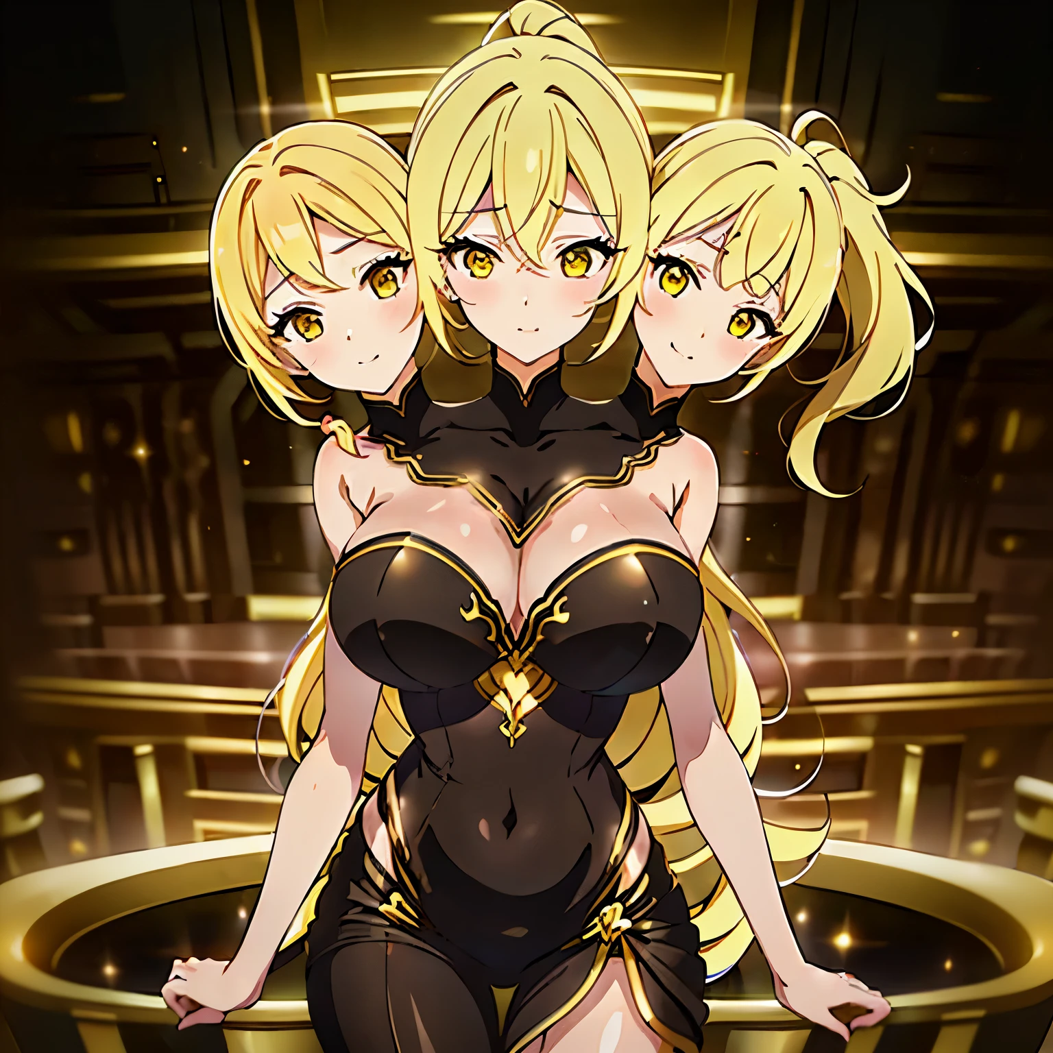 (masterpiece),(ultra-detailed), (high quality), (high resolution), (best quality:1.5, highres, UHD), highres, absurdo, ultra detail, ultra quality, Ultra resolution, 16k, 1girl, (3heads:1.5), girl with three heads, golden blonde hair, (((same hair color))), black dress, cleavage,ponytail, charismatic, very shy, carefree, detailed hair,, (detailed glowing golden yellow eyes), ((ponytail)), Beautiful girl with accentuated slender abs, Guild Clothes, ((cheerful woman)),  silhouette,, smooth and lustrous skin,  proportions, slim legs, ((beautifully tall and slim woman)), futuristic city, gentle smile