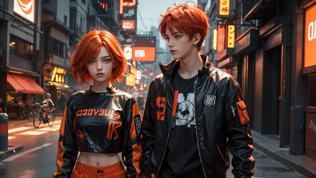 a age couple model, boy and girl. Cool orange and red hair. The background is a quiet, glowing cyberpunk street. He is wearing EDGY FASHION STYLE gamers clothes in orange and red.
