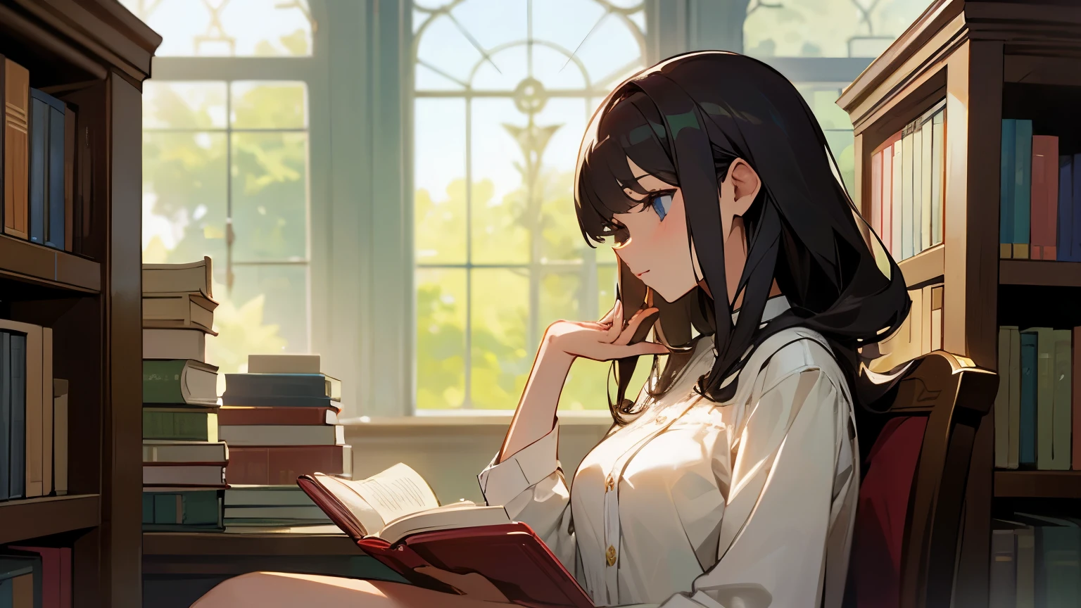 A beautiful woman is reading a book in the library、High Quality