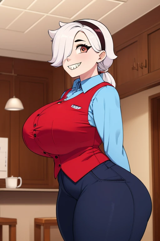 (masterpiece, add-detail, best quality:1.2), solo, 1girl, colettedef, teeth:1.2, smile, looking at viewer, arms behind back, (hair over one eye), hairband, blue shirt, long sleeves, red vest, pants, (gigantic breasts), wide hips, coffee room, ceiling