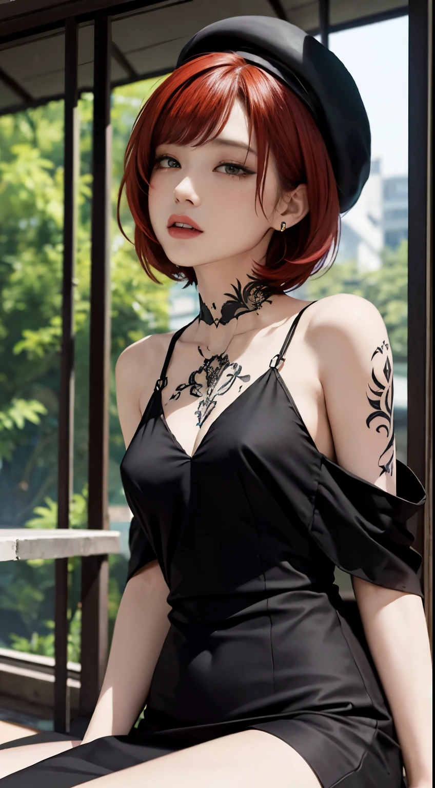arafed woman with tattoos sitting on a ledge in a black dress, inked, with tattoos, photo of a beautiful woman, androgynous person, Beautiful androgynous girl, of taiwanese girl with tattoos, John shouted, Tattooed, she is wearing a black off shoulder dress, Tattoos and piercings, Alessio Albi, portrait androgynous girl, short red hair with bangs