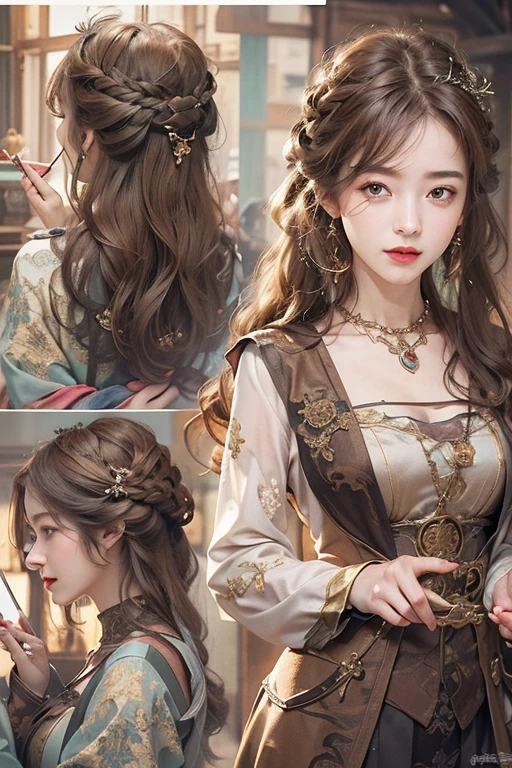 (masterpiece:1.3), (8K, Photorealsitic, Raw photography, Top image quality: 1.4), Japan high school girls、age18,(Random hairstyles:1.2)、cleavage of the breast:1.2、Super Detail Face、Eye of Detail、double eyelid、Bring your chest together、sharp focus:1.2、prety woman:1.4、light brown hair、top-quality、masterpiece、超A high resolution、(Photorealsitic:1.4)、Highly detailed and professional lighting smile、Loose steampunk costume、Shoulder out、slender、serious facial expression、hold gorgeous necklace in right hand, Inside the old castle、eat dinner