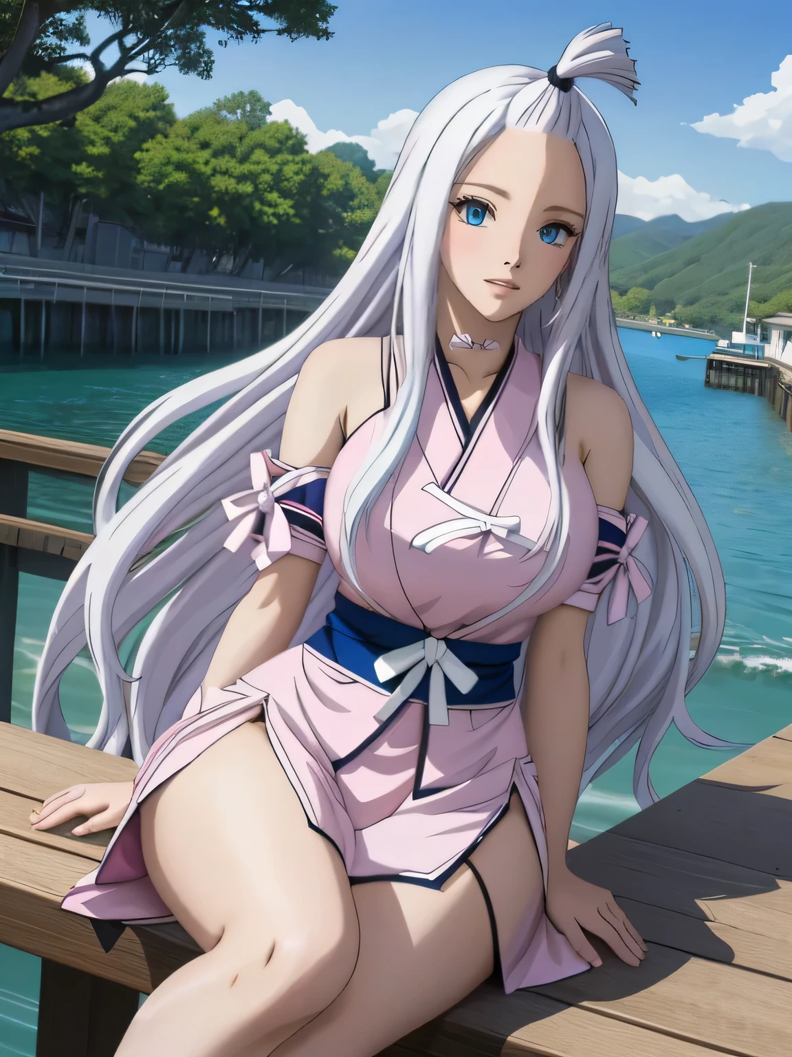 Anime girl with long white hair sits on a pier next to a lake, Japanese goddess, seductive anime girl, beautiful alluring anime woman, anime goddess, beautiful anime woman, beautiful anime girl, white-haired deity, Hyper realistic anime., anime girl in real life, Photorealistic anime, anime woman, anime girl cosplay, Advanced Digital Anime Art, Japanese fantasy