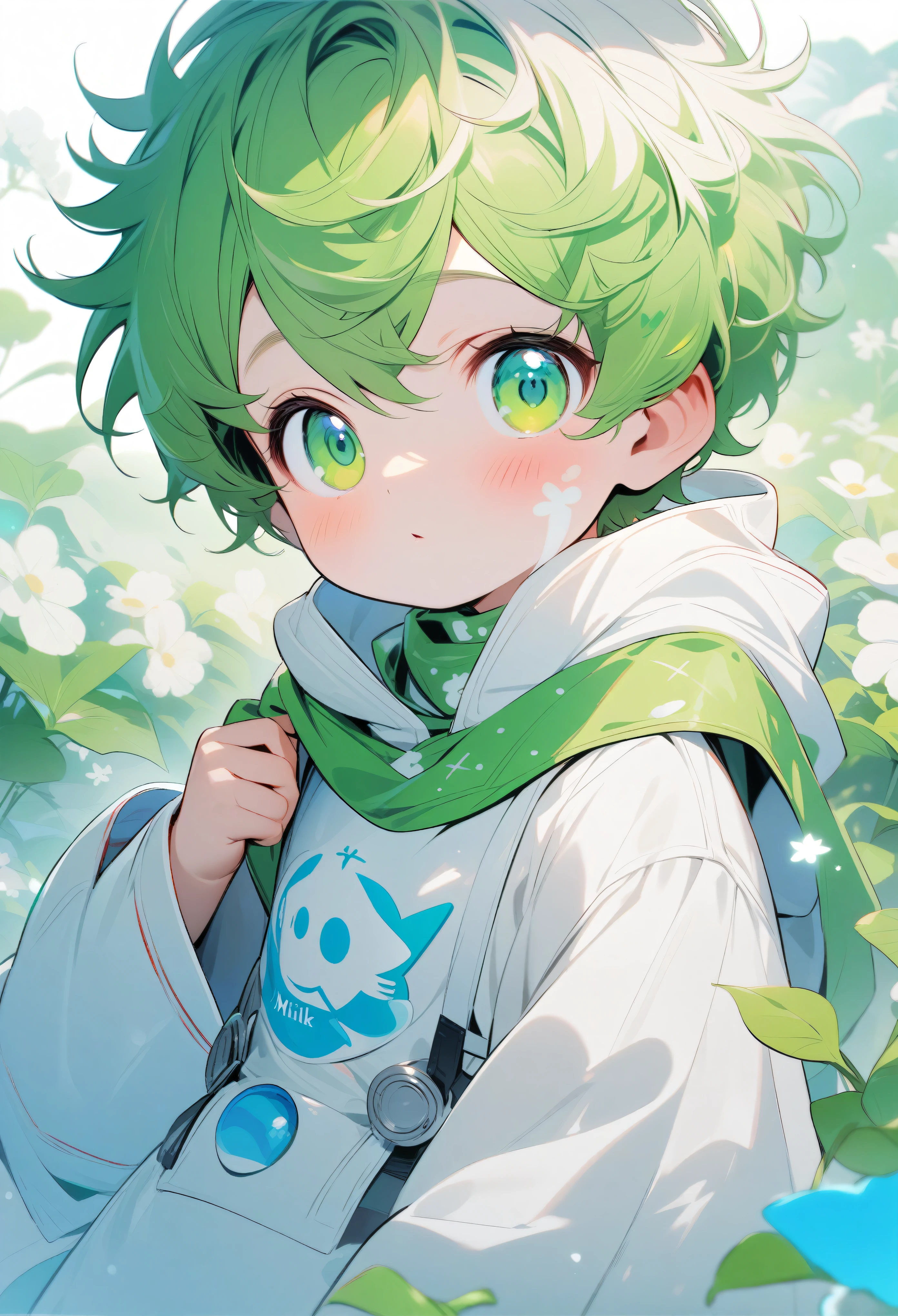 Anime boy with green hair and green eyes wearing a white shirt - SeaArt AI