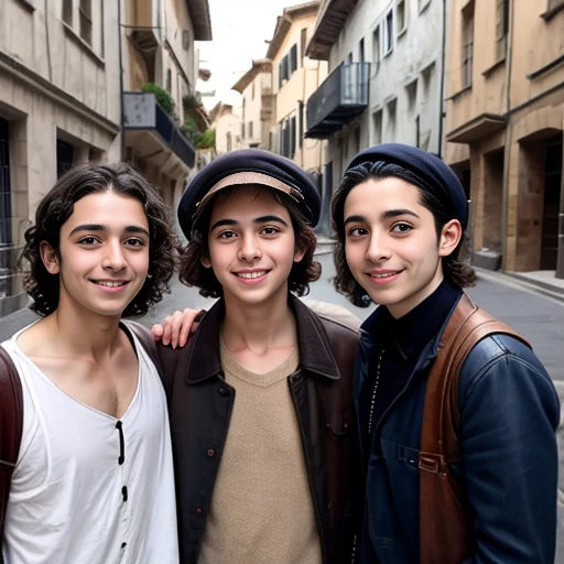 group of young jew's on a Jewish street focus on the faces of the characters