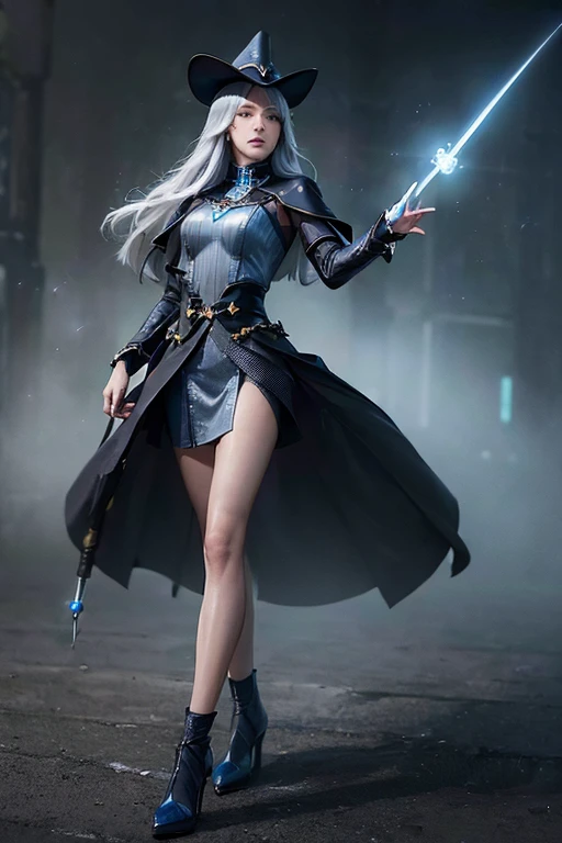 (master piece:1.8), (best quality:1.8), (exquisite lighting and shadow, highly dramatic picture, cinematic lens effect) 8k, wallpaper, dynamic pose, one hand pointing the sky, looking at the viewer, Full Body female long silver hair waving in the air dark fantasy magician lady wearing an elaborate futuristic thin dark gray and light gray large tunic with white lines and very long tunic sleeves, with a big gray pointy magician hat with a big blue gem in the center, high heels, holding a middle magic staff, thin waist, notorious hips, serious look in the eyes, blue energy behind, blue mist, blue stars, blue energy spots behind, ethereal lightning, sharp focus